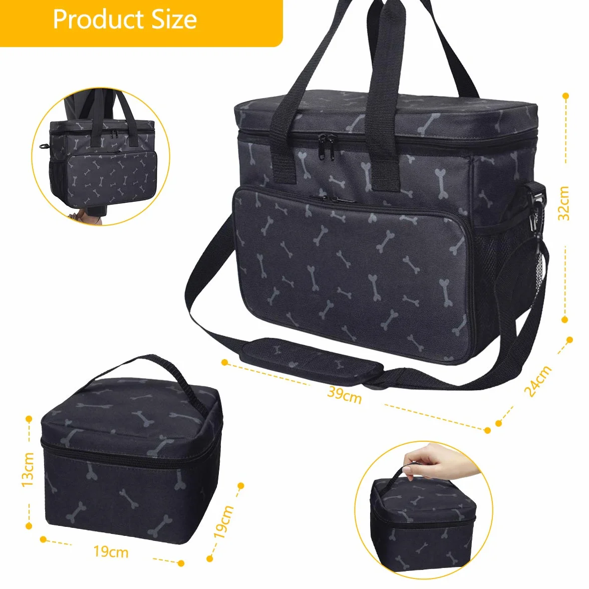 Zwini Borsa da viaggio per cani lavabile Borsa termica con scomparti, alimentatore pieghevole e bevitore (nero)