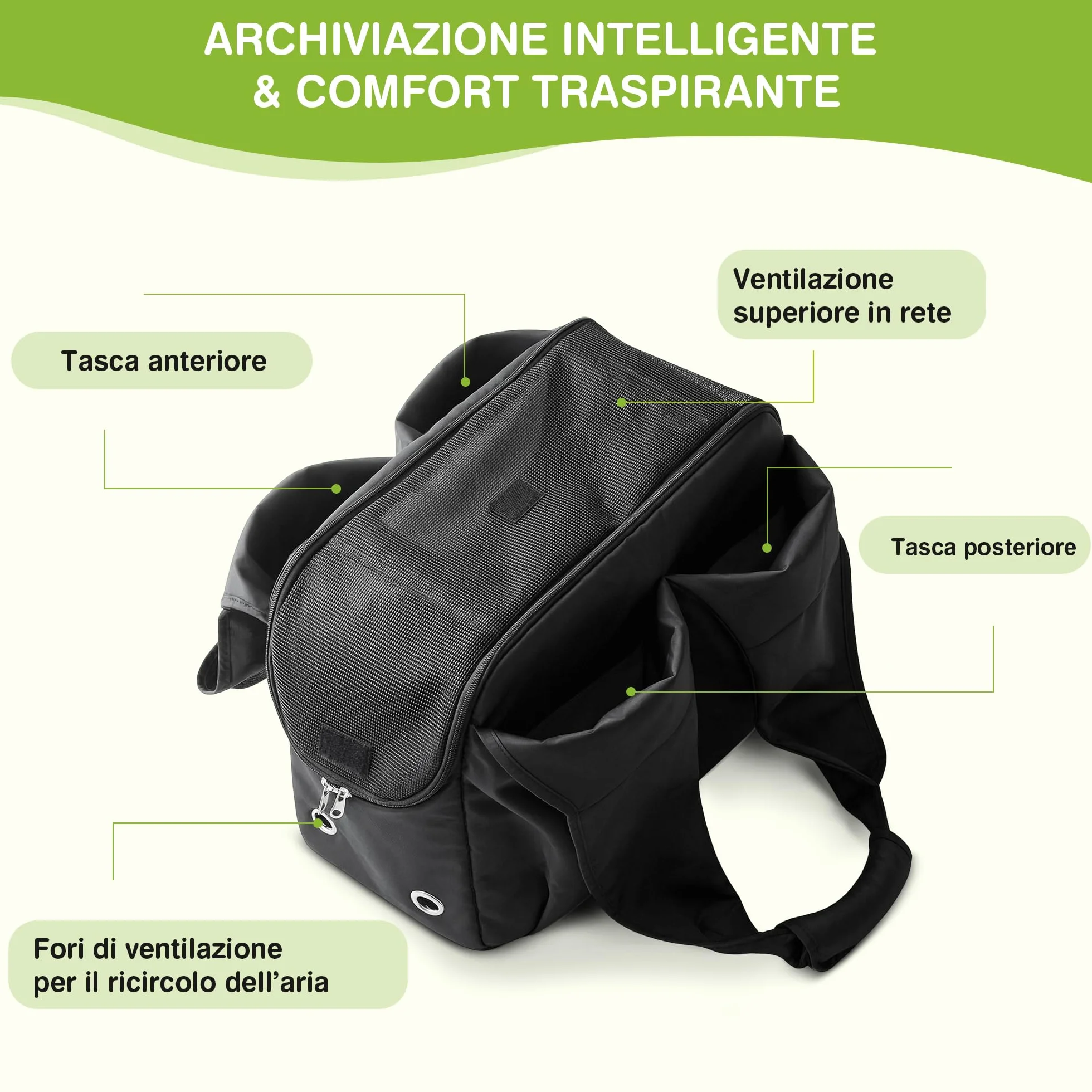 ALLSOPETS Borsa per Cani Taglia Piccola, Marsupio Traspirante Portatile con Gancio Guinzaglio, Nero Intenso