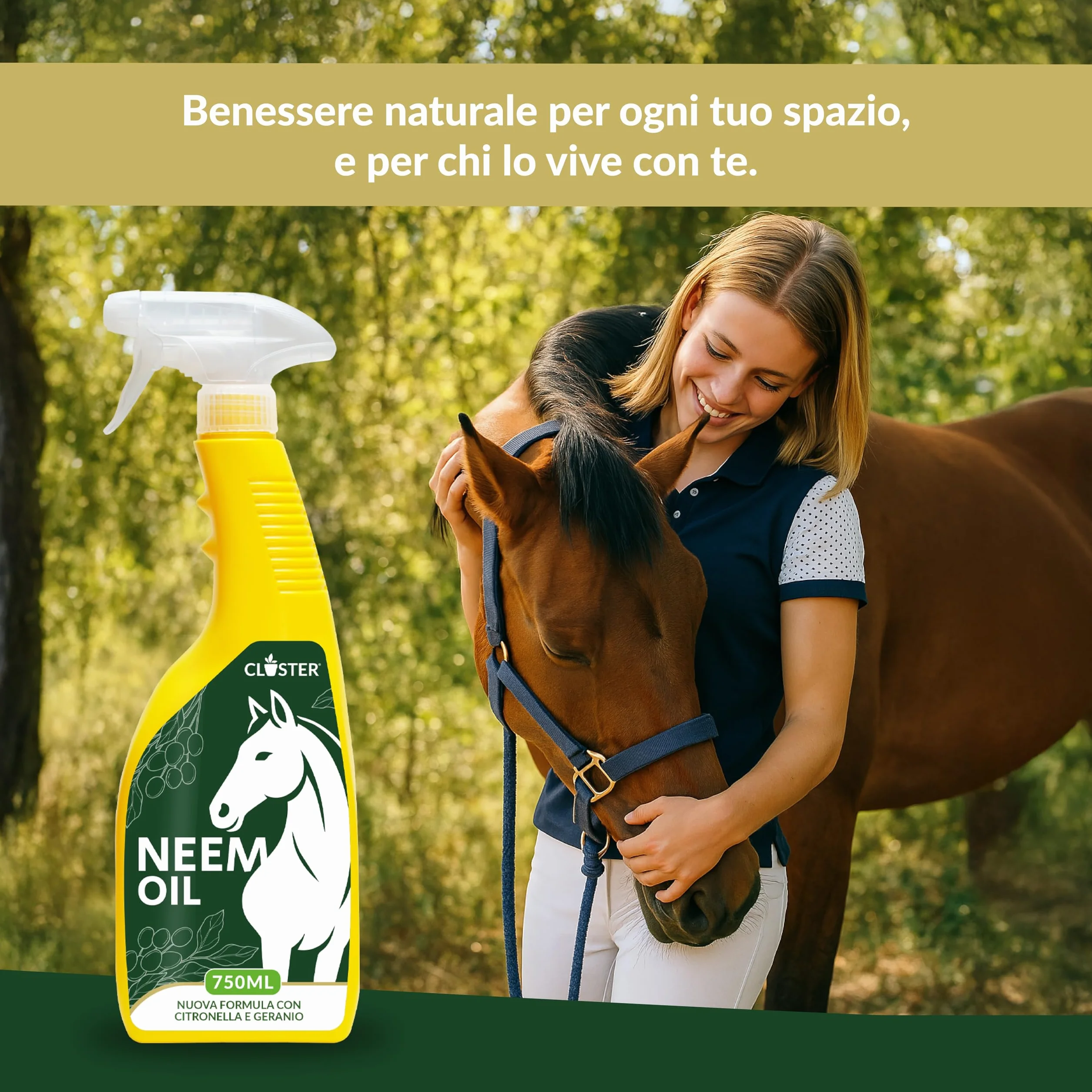 CLOSTER Olio di Neem Spray 750ml Repellente Insetti Cavalli - Made in Italy