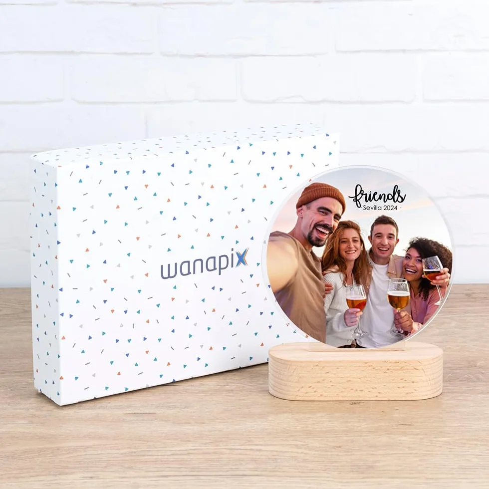 Wanapix | Trofeo Personalizzabile con Nome e Foto | Targa Personalizzata | Plexiglass | Base in Legno Naturale | Rotondo