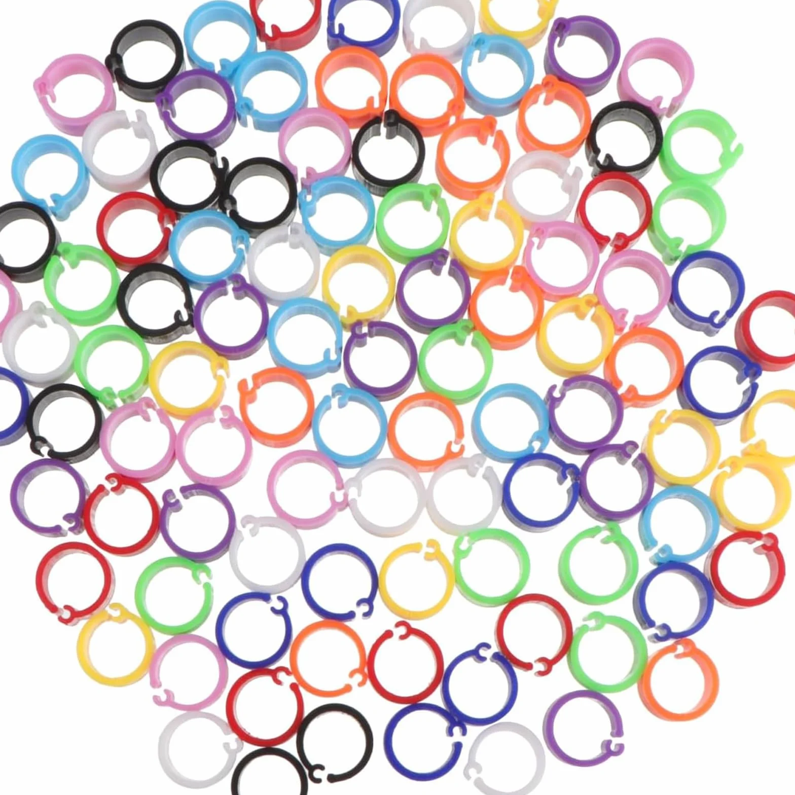 100 Anelli colorati in plastica da 10 mm per gambe di piccioni senza riconoscimento baionetta. Disponibili 10 colori, perfetti per viaggiatori e piccioni da compagnia.