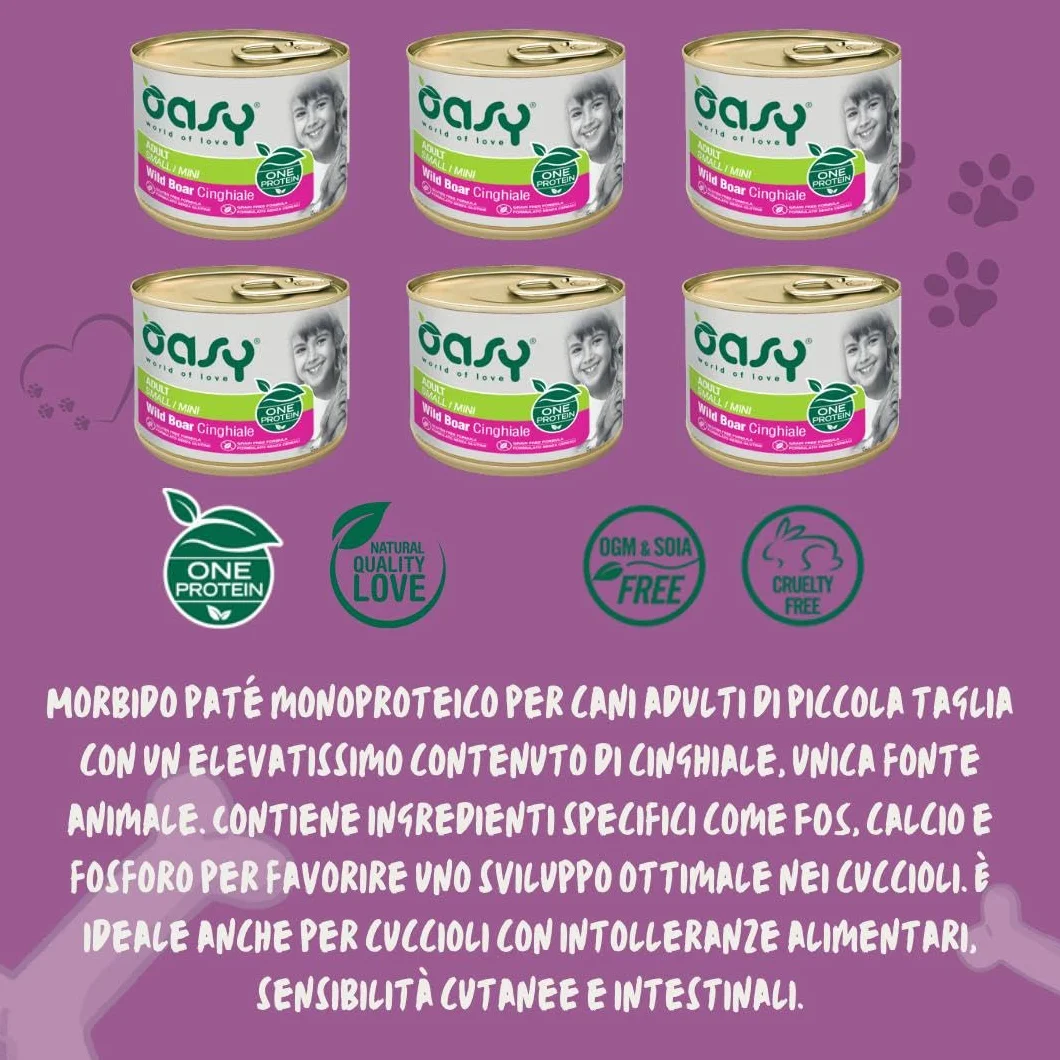 Oasy umido cane adulto monoproteico, alimento completo per cani adulti di taglia piccola (small) gusto CINGHIALE | 6 scatolette da 200 grammi l’una.