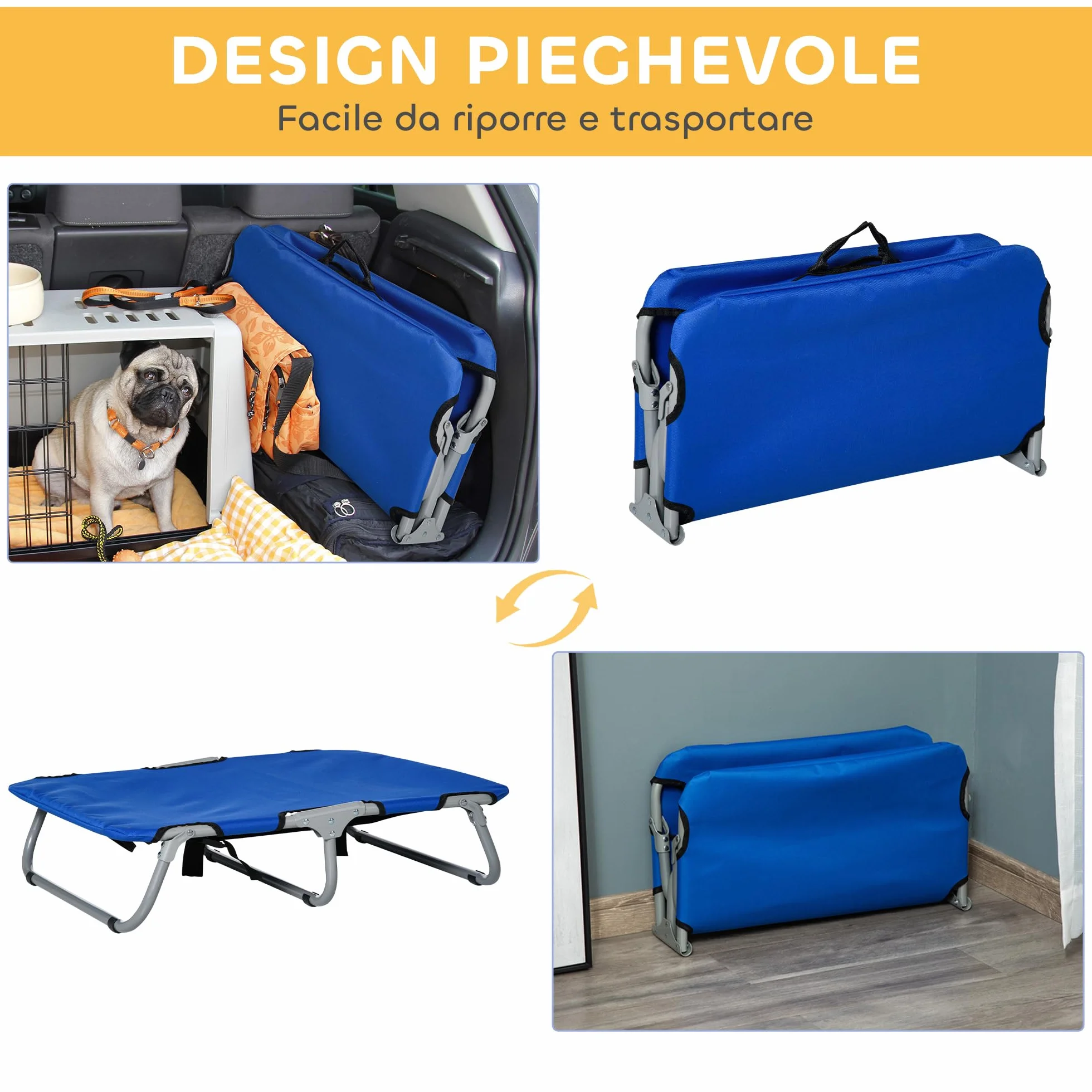 PawHut Brandina per Cani Taglia Piccola Pieghevole, Lettino Rialzato in Acciaio e Tessuto Oxford, 71x58x20 cm, Blu