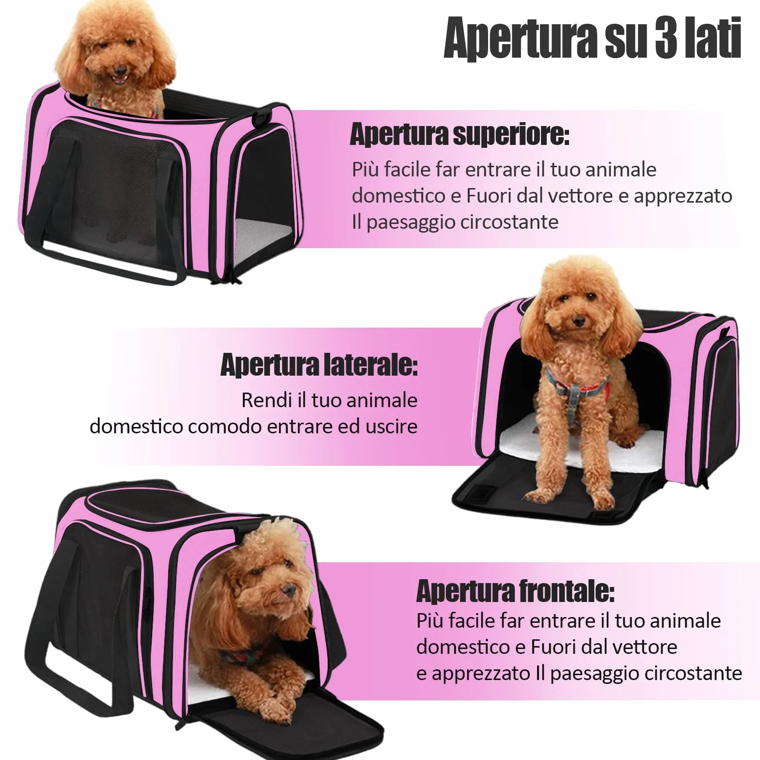 Trasportino per Cani e Gatti, Gabbietta Morbida per Animali Domestici, Tappetino Lavabile Rimovibile, con Tracolla, Borsa Ripiegabile Viaggio Sull' Aereo (L 50 x B 34 x H 34 cm, Rosa)