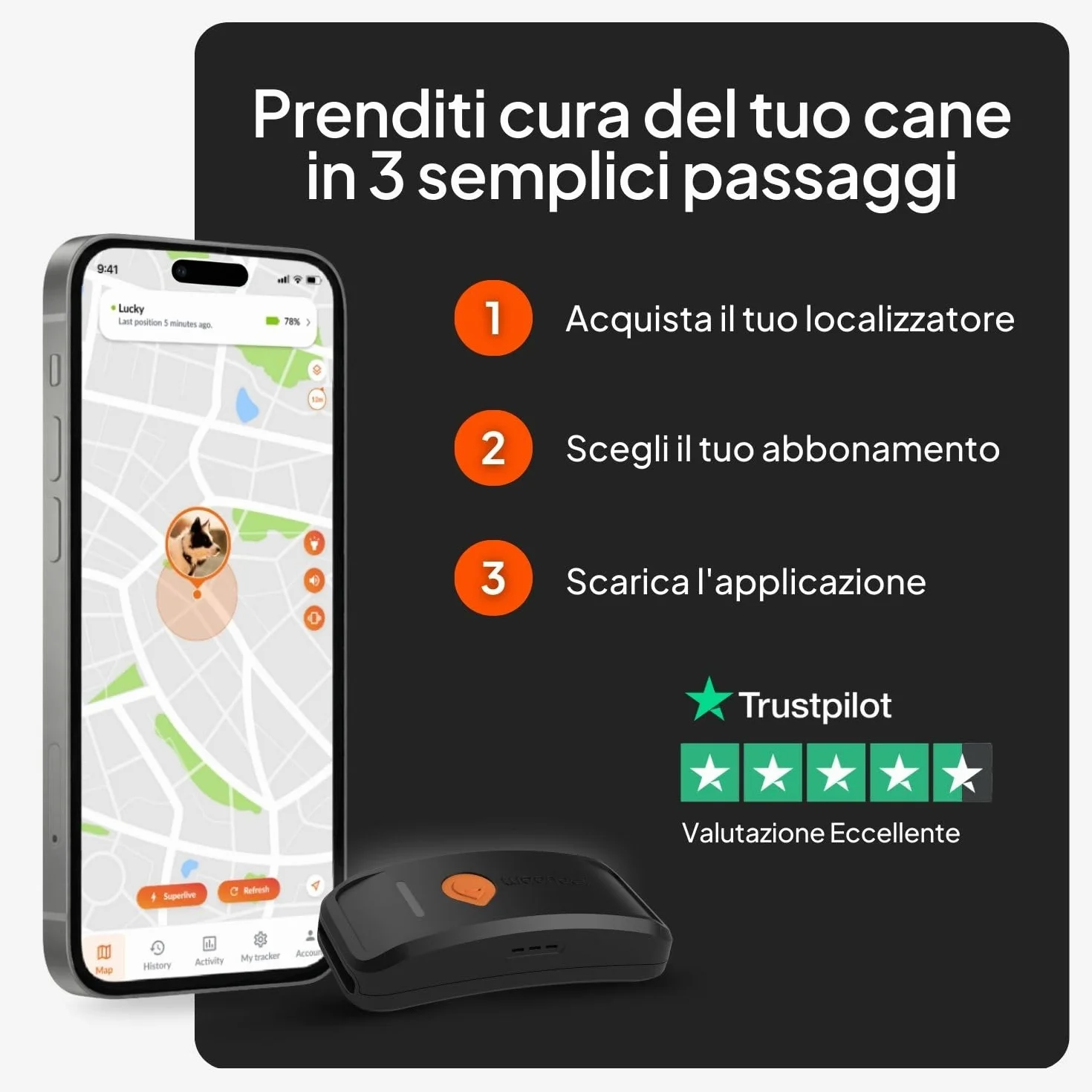 Weenect Cane XT - Localizzatore GPS per Cani Senza Collare | Impermeabile | Antenna XL | Portata Illimitata | Garanzia a Vita | Abbonamento Necessario