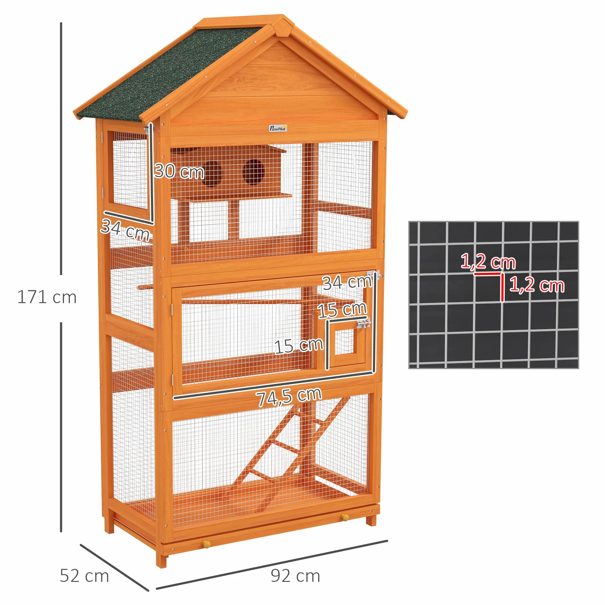 PawHut Gabbia per Uccelli in Legno, voliera Esterna Impermeabile, per pappagalli, 92x52x171 cm
