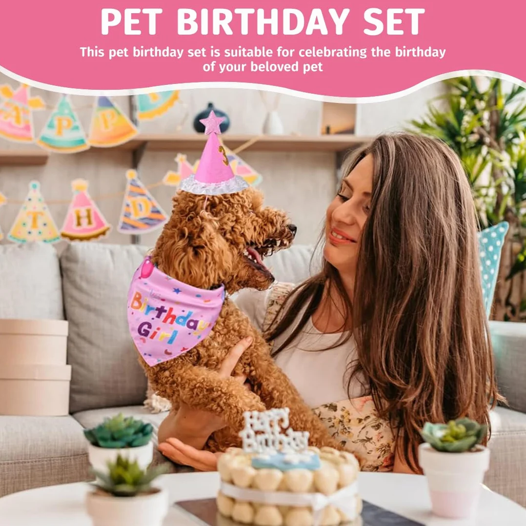 Set per feste di compleanno per cani, bandana e cappello, regalo e decorazione, Rosa
