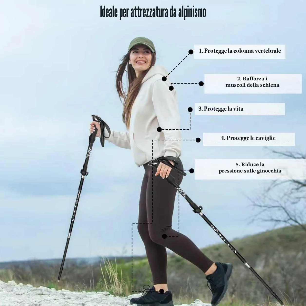 Bastoncini Trekking Pieghevoli in Alluminio Regolabili 110-130cm Nordic Walking 4 Paia Puntali Gomma