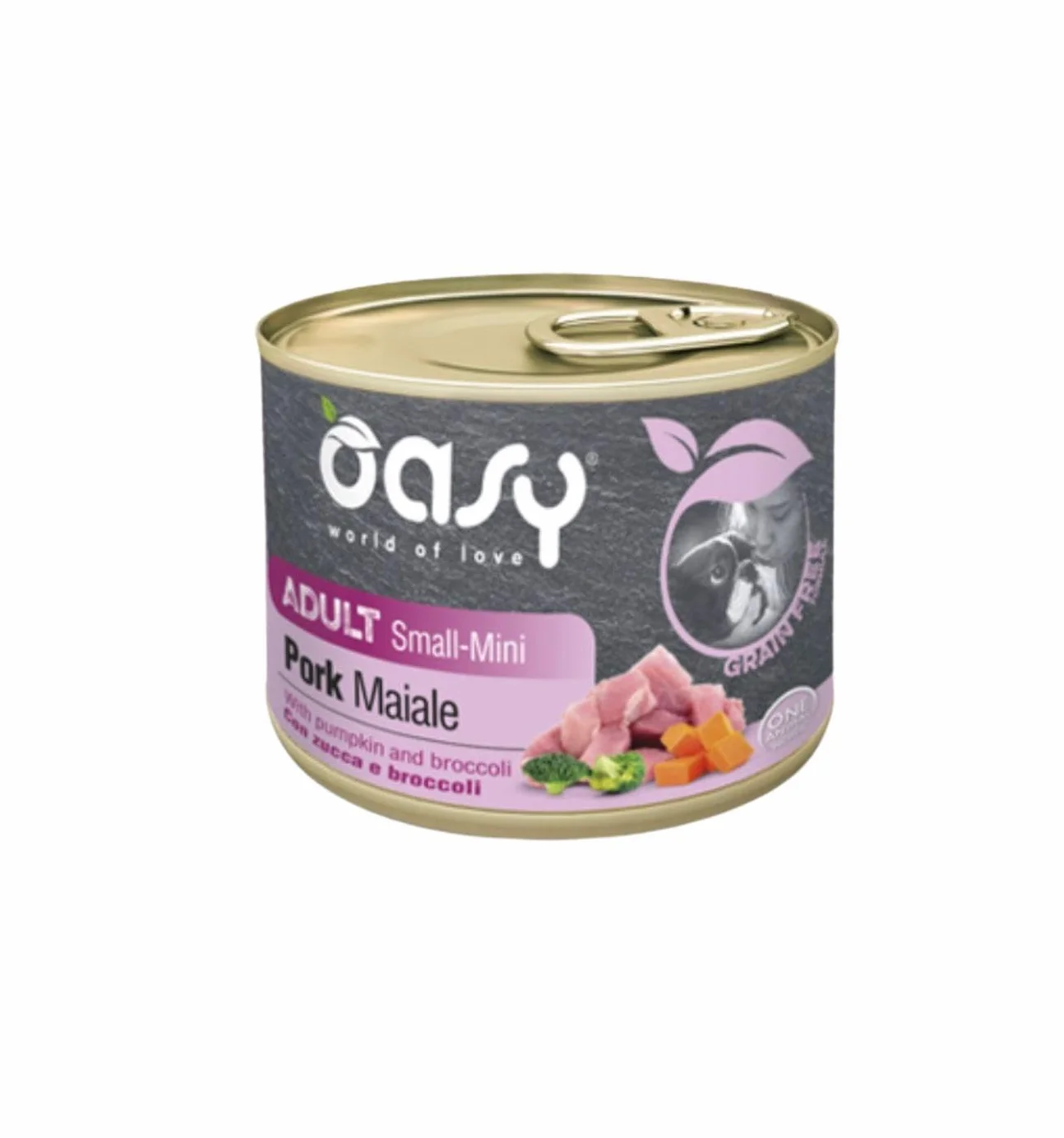 Oasy umido cane adult grainfree, alimento completo per cani adulti di taglia piccola (small) gusto MAIALE | 6 scatolette da 200 grammi l’una.