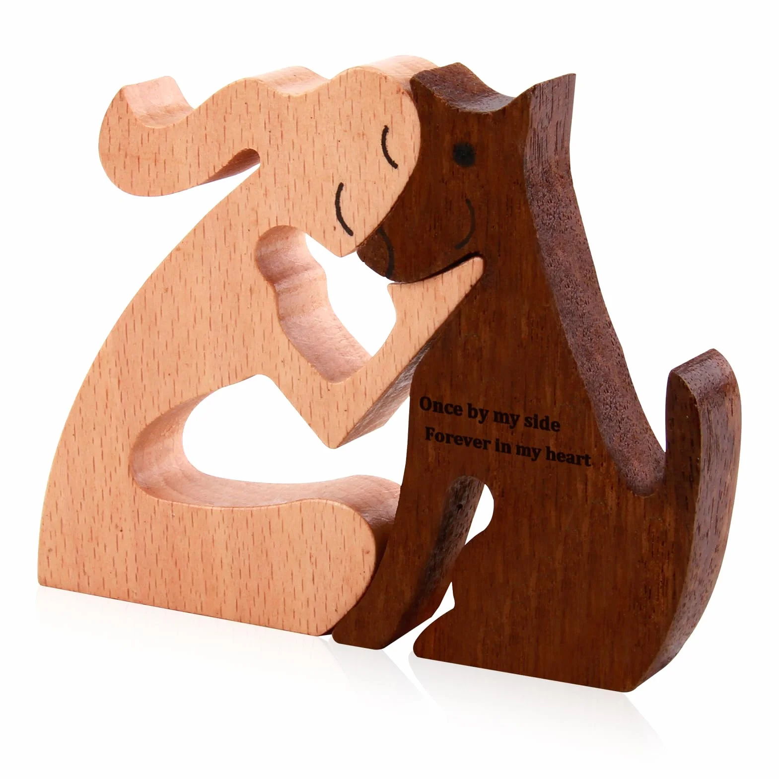 Statuetta Artigianale in Legno a Forma di Cane e Donna, Scultura in Legno di Faggio e Noce, Ricordo Speciale per Amanti dei Cani e Idee Regalo Commemorative Decorazione d'Amore