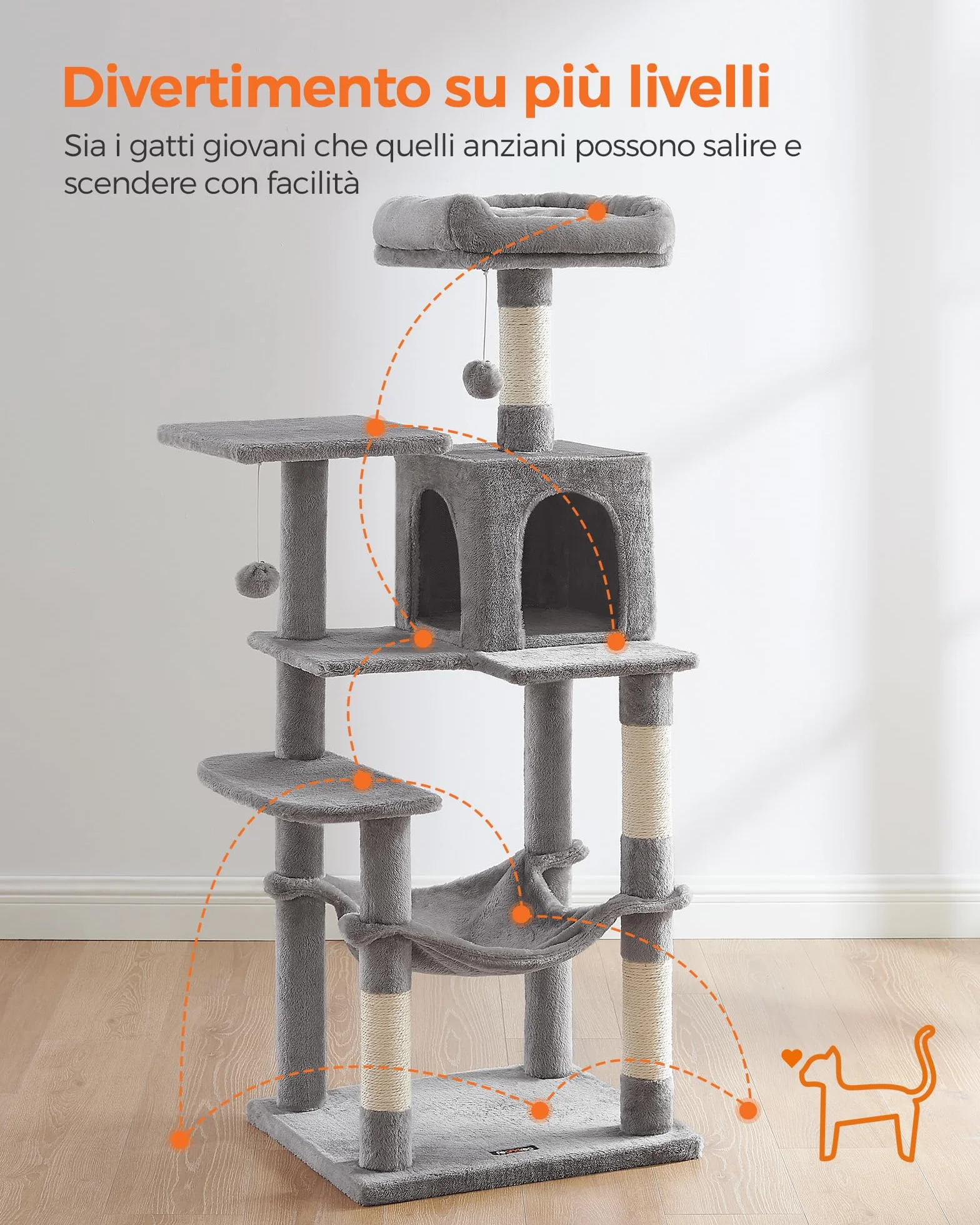 Feandrea Albero per Gatti Alto 143 cm, Tiragraffi per Gatti, con 4 Pali Graffiatoi, 2 Posatoi, 1 Grotta, 1 Amaca, 2 Pompon, in Peluche a Più Livelli, Grigio Chiaro PCT161W01