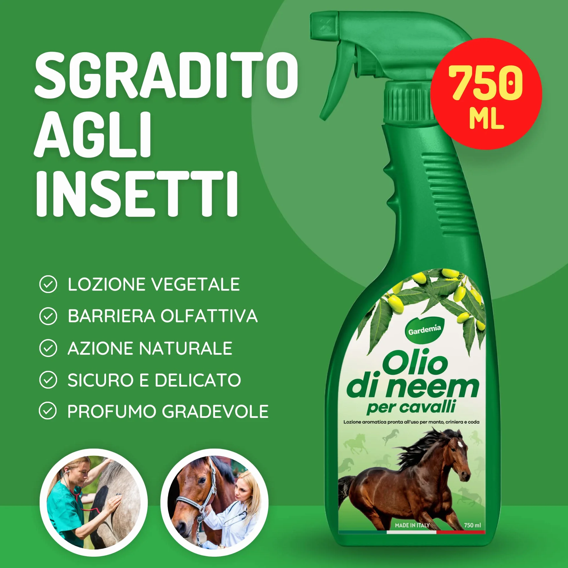 Gardemia Olio di Neem per Cavalli Spray 750ml Repellente Antiparassitario con Geranio e Citronella