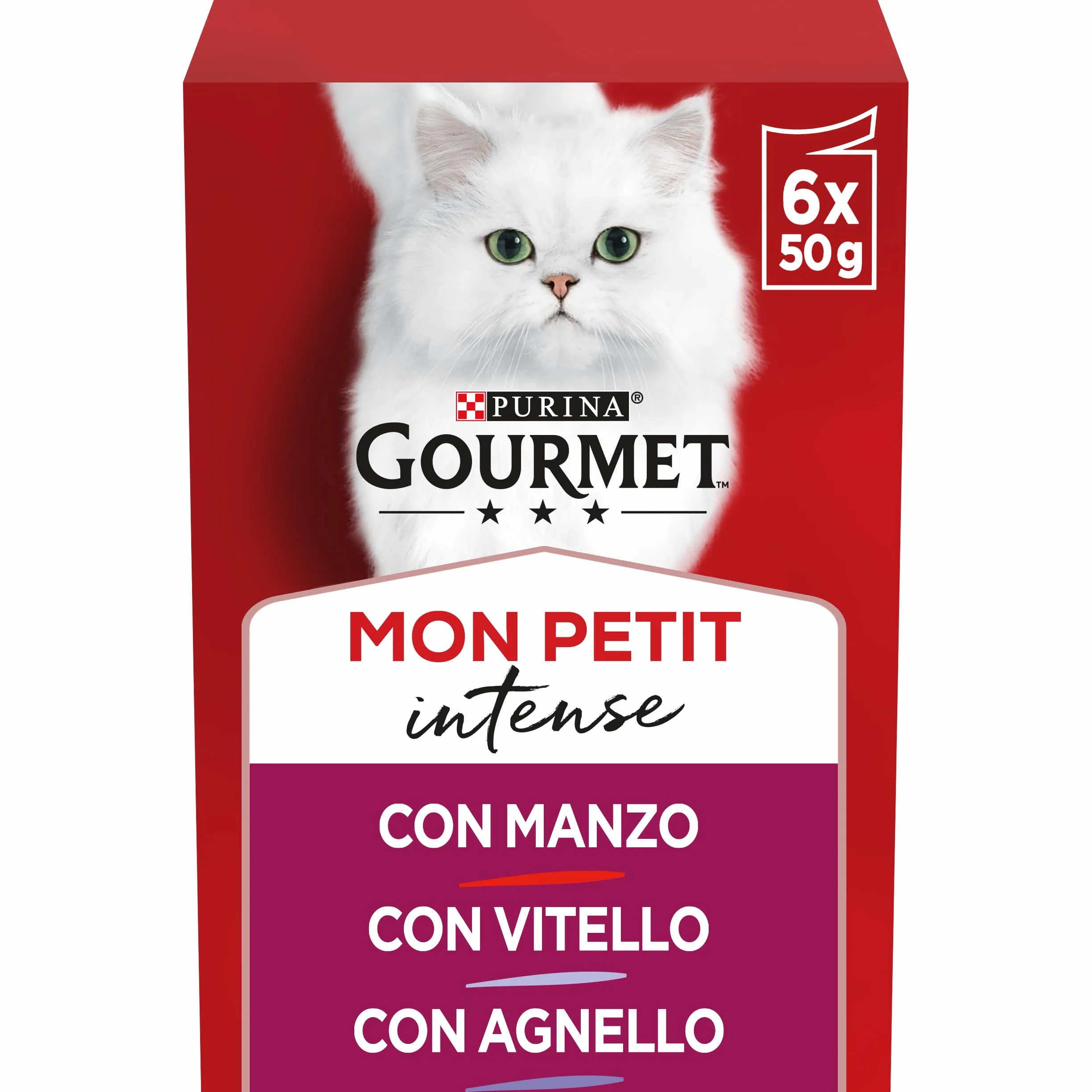 Purina Gourmet Mon Petit Intense Cibo Uùmido per Gatti con Manzo, Agnello, Vitello, 48 buste da 50g