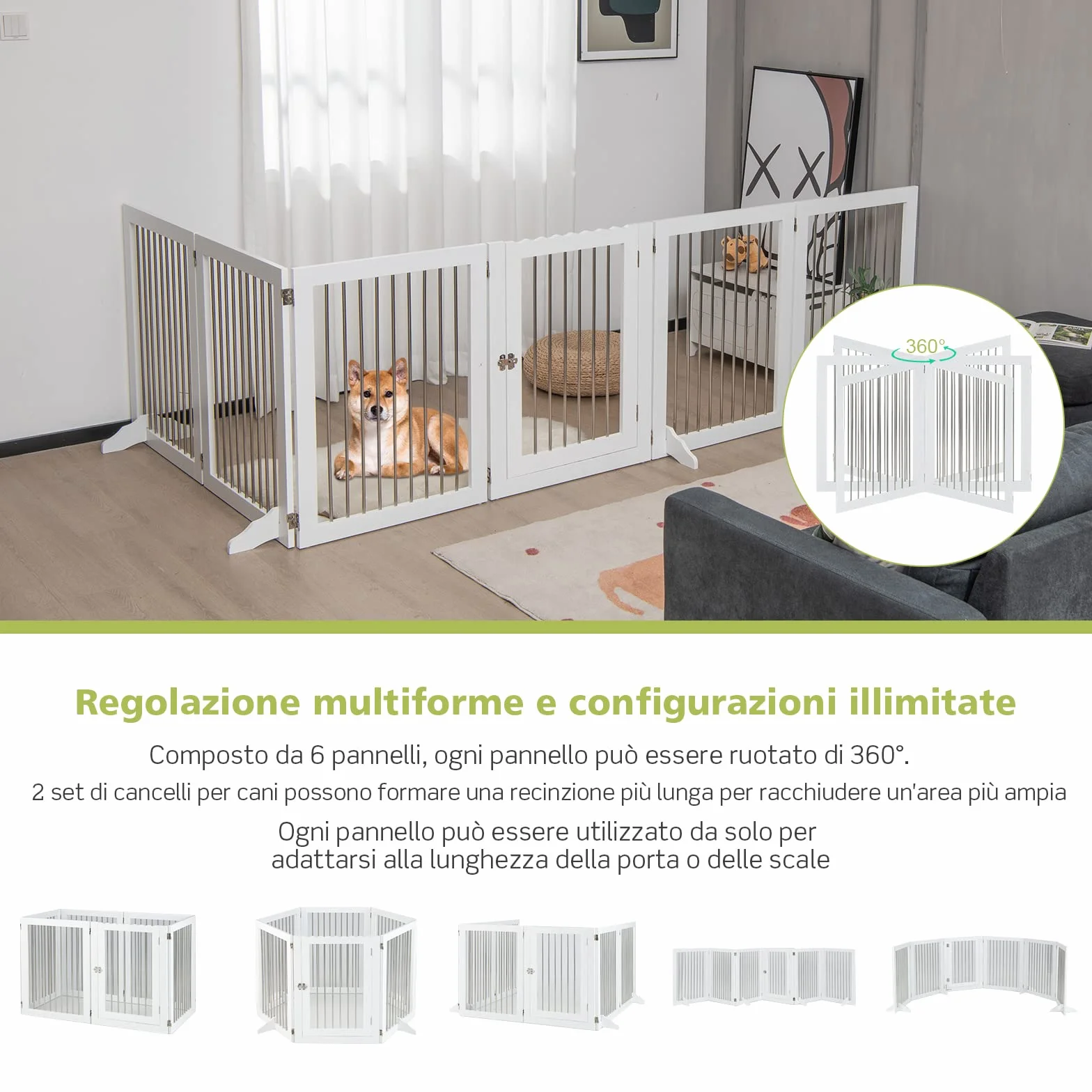 COSTWAY Cancelletto per Cani Pieghevole in Legno, Cancello per Animali Domestici 6 Ante, Box per Cani Piccola/Media Taglia, 80 x 61 x 1,8 cm