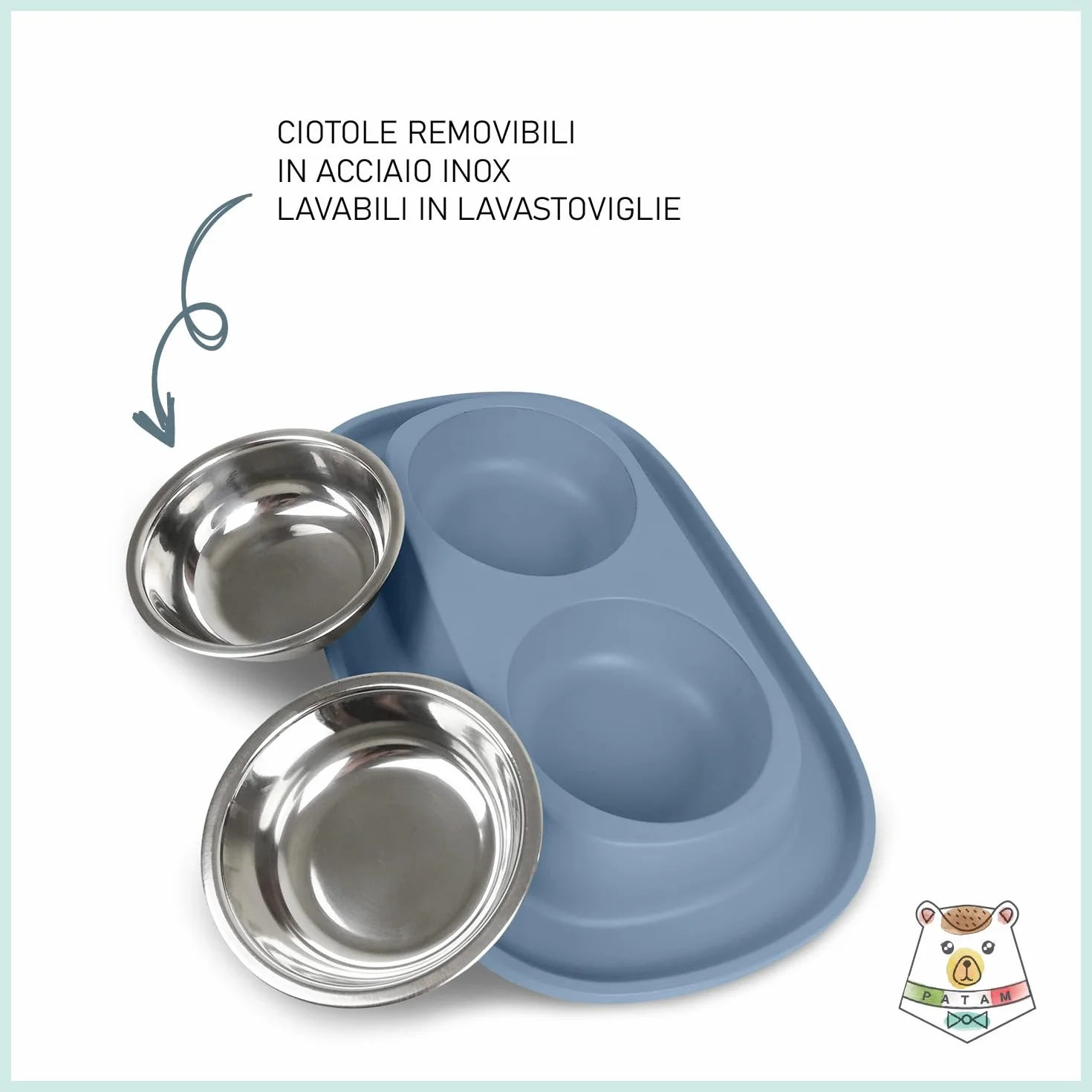 PATAM ciotola doppia per gatti in acciaio inossidabile con tappetino morbido antiscivolo, antiribaltamento Made in Italy - Jerry Blu