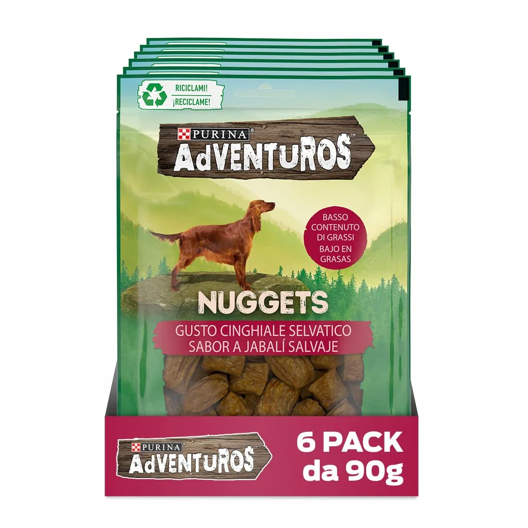 Purina Adventuros Snack Cane Nuggets al Gusto Cinghiale - 6 Buste da 90 g Ciascuna