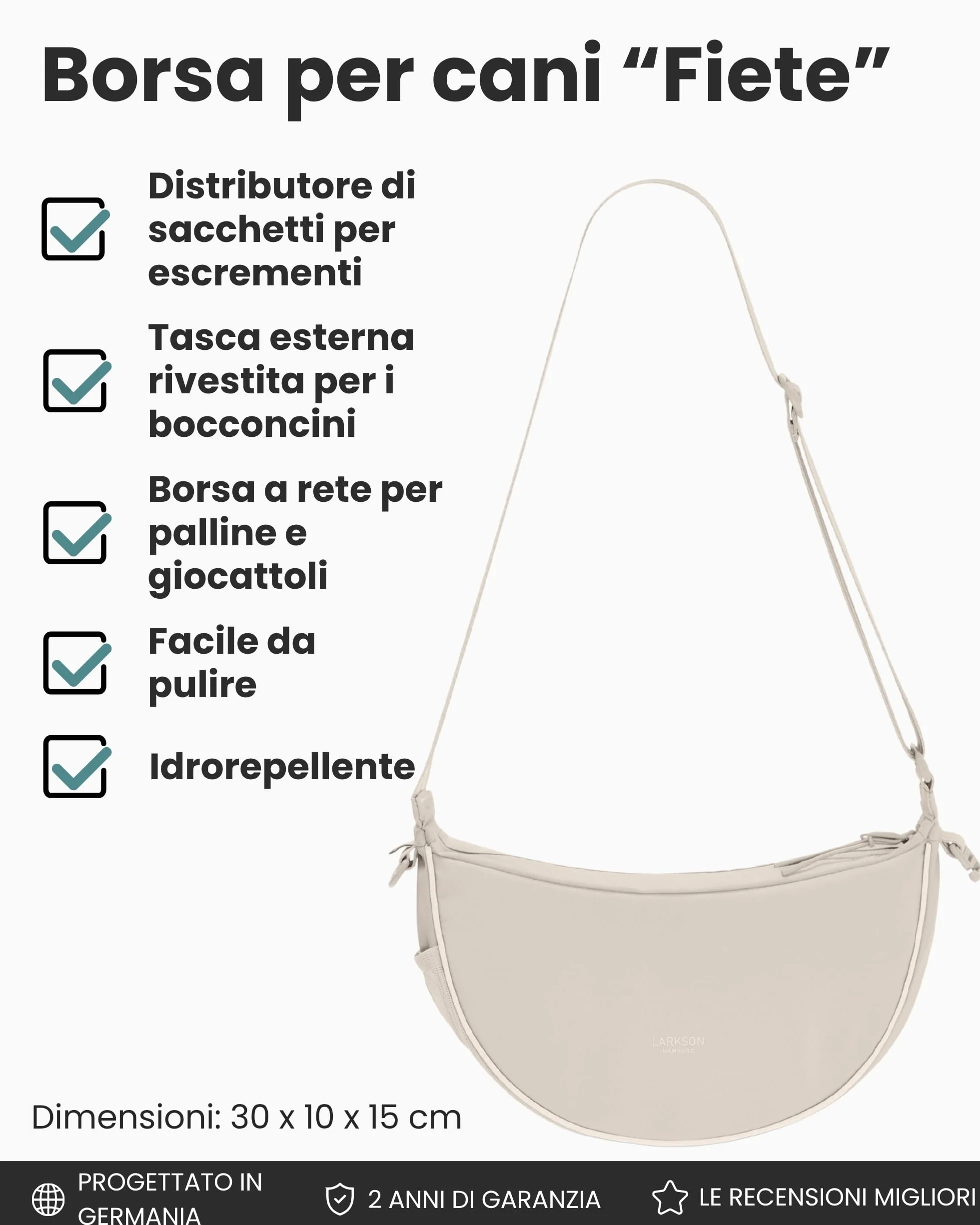 LARKSON Half Moon Bag Borsa per Cani Beige - Fiete - Sacchetti per Addestramento Cani - Tasca Porta Snack con Dispenser di Sacchetti per i Bisogni - Borsa Riflettente per Passeggiate - Idrorepellente