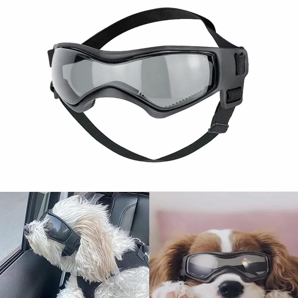 Voarge Occhiali da sole per cani, occhiali protettivi UV, occhiali da sole con fascia elastica regolabile, antivento per cani, occhiali da moto, nero, taglia S