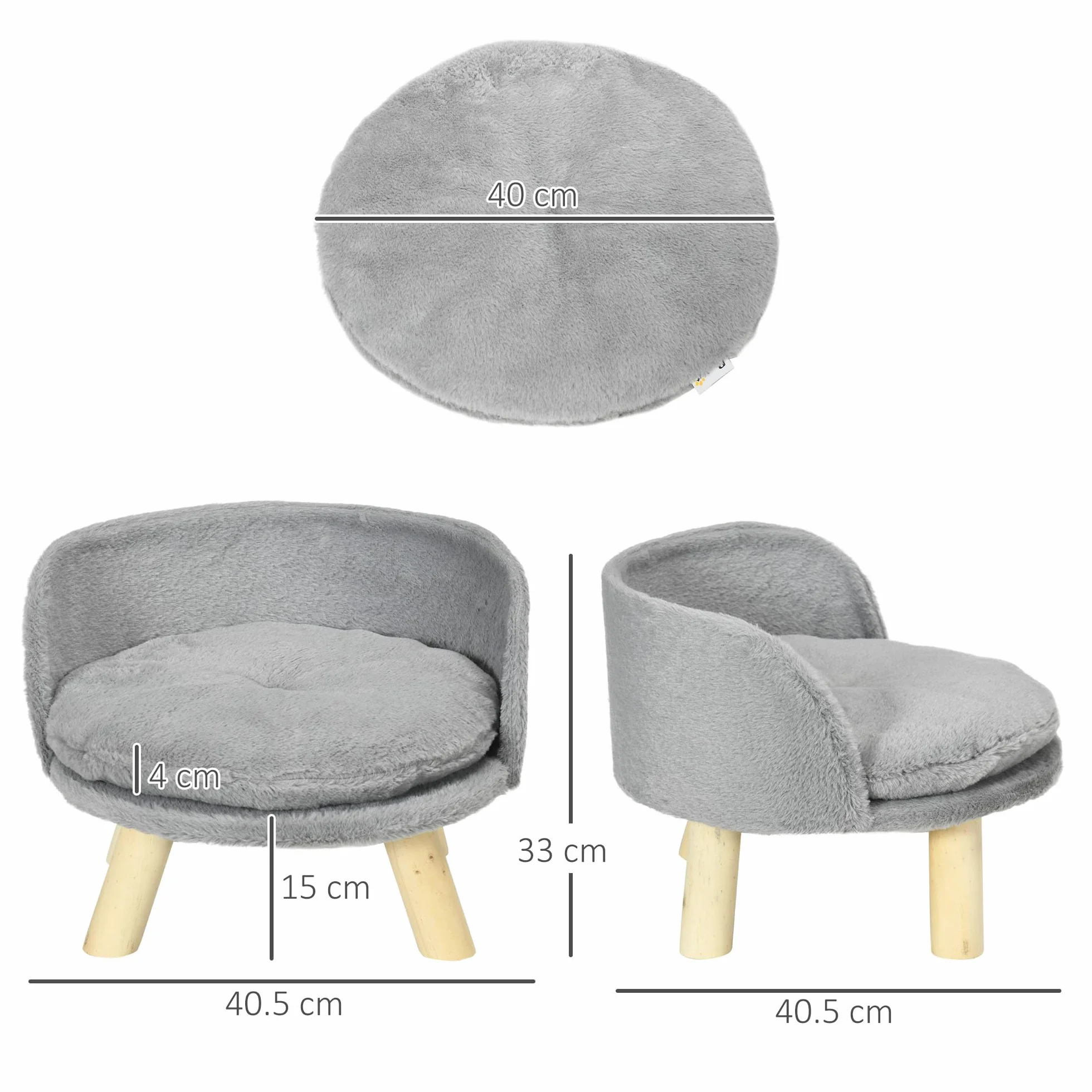 PawHut Lettino per Cani Taglia Media di 5 kg Massimo Rotondo, Divano per Cani in Tessuto di Peluche e Legno con Cuscino Extra Lavabile in Cotone PP, Ø40.5x33 cm, Grigio