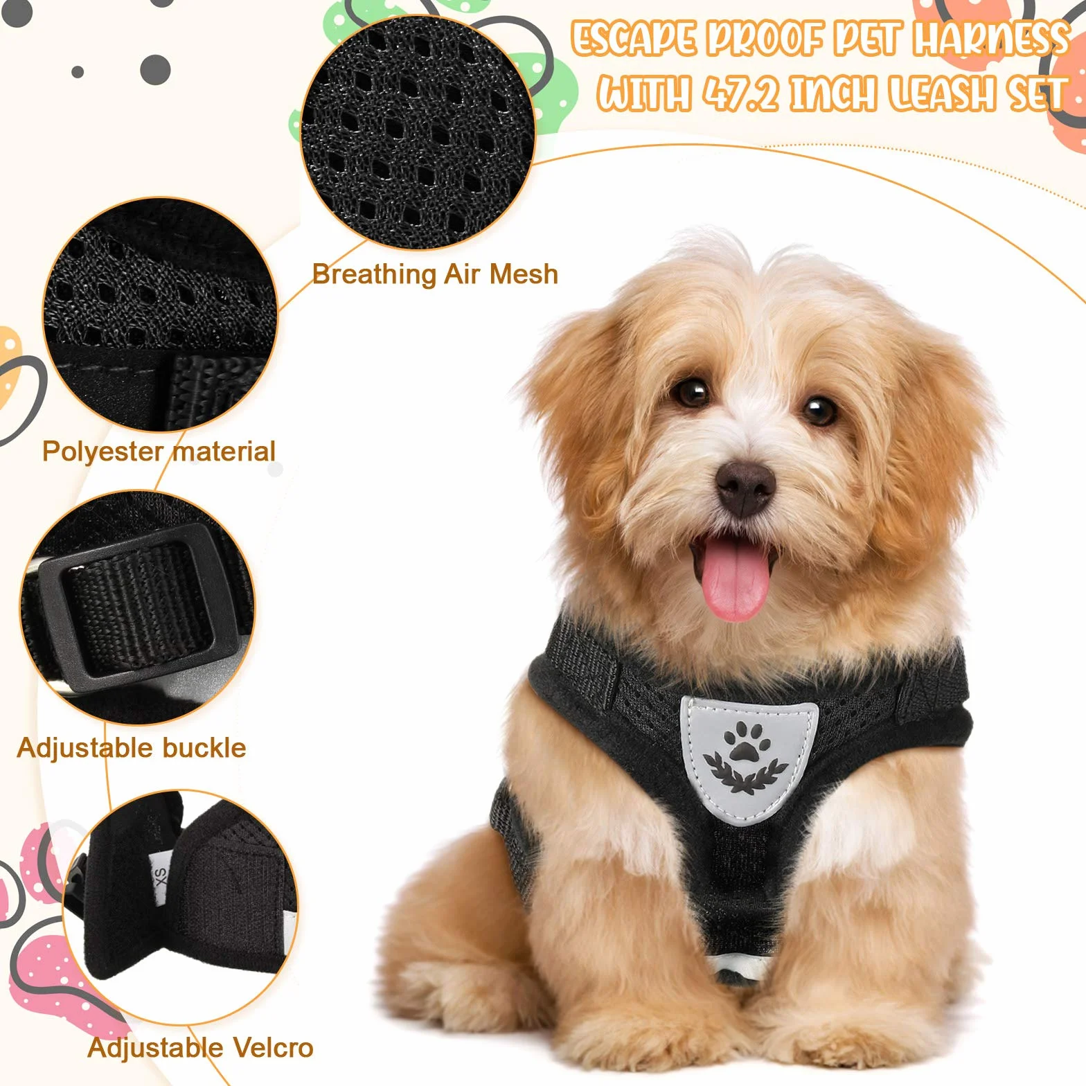 Set Pettorina e Guinzagli per Cuccioli/Gatti Imbracature per Gilet Regolabili in Maglia Morbida a Prova di Fuga Fascia Toracica in Rete Traspirante per Animale Passeggiate, XS (Nero)