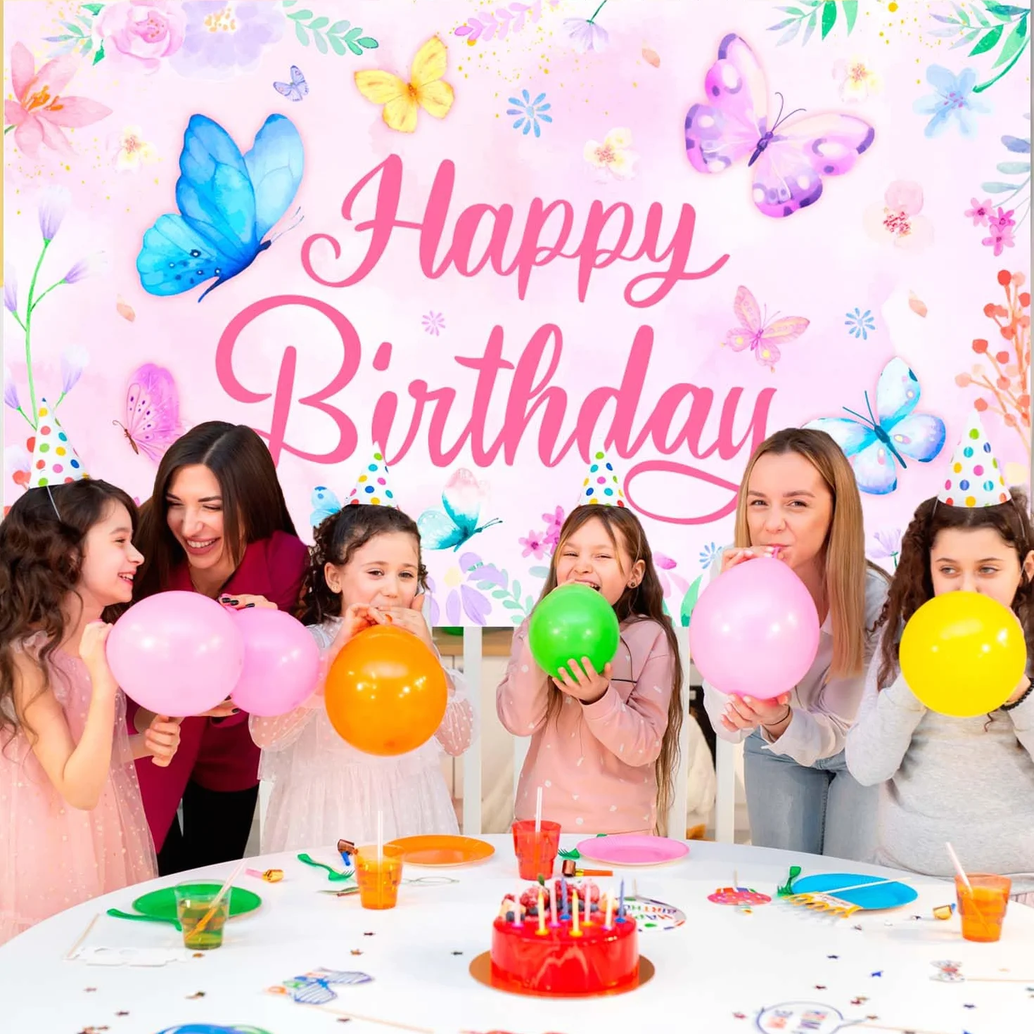 Farfalla Buon Compleanno Sfondo, 71'' x 43'' Sfondo Floreale e Farfalla Festa di Compleanno per Decorazione di Compleanno a Forma di Farfalla