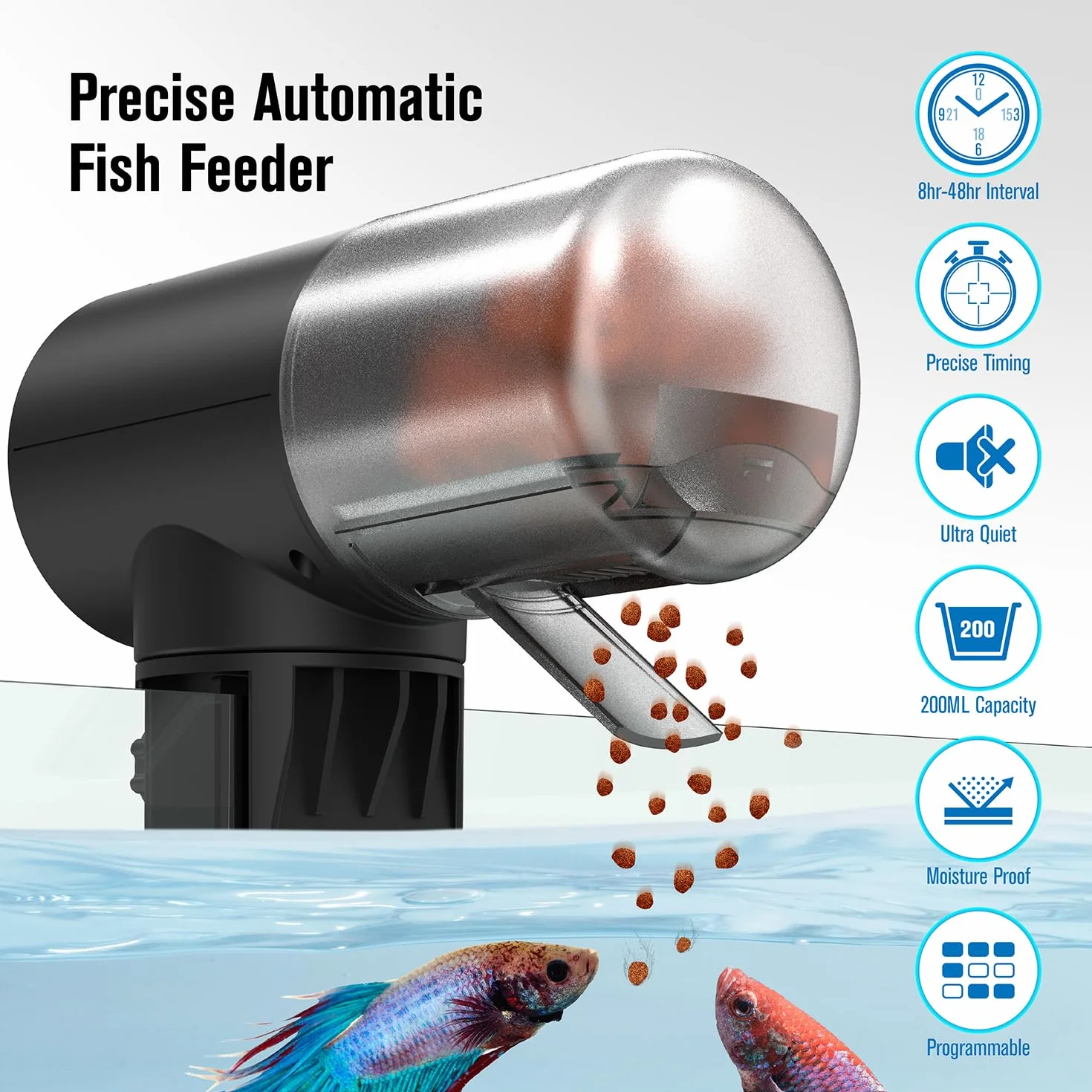 Distributore Automatico di Cibo per Pesci | 4 timer programmabili | Alimentatore Automatico per Acquario | Accessorio per Acquari | Nero