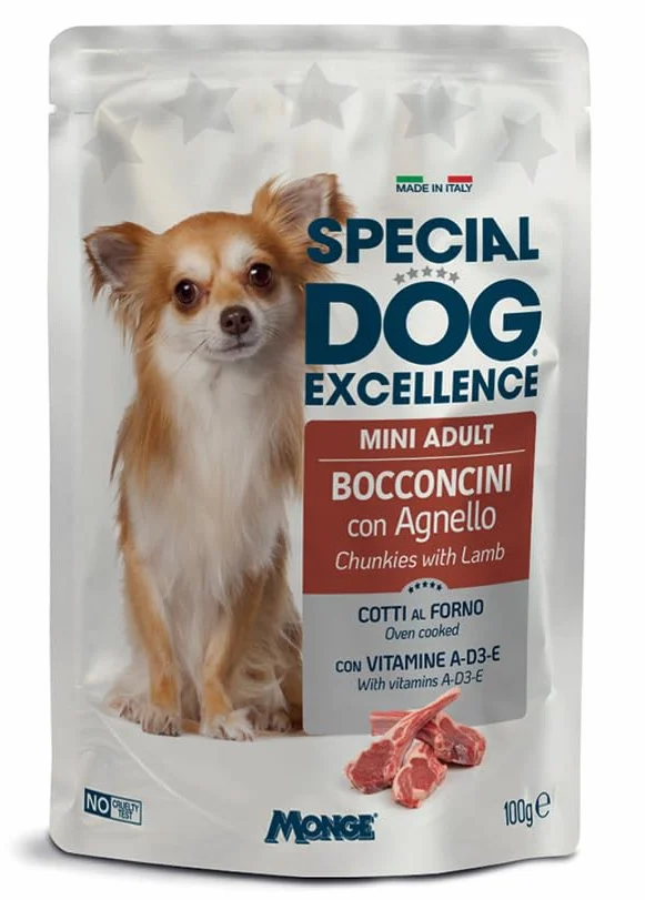 Monge Special Dog Excellence Bocconcini, umido senza conservanti,senza coloranti per cani adulti di taglia piccola gusto AGNELLO | 12 bustine da 100 grammi l'una.