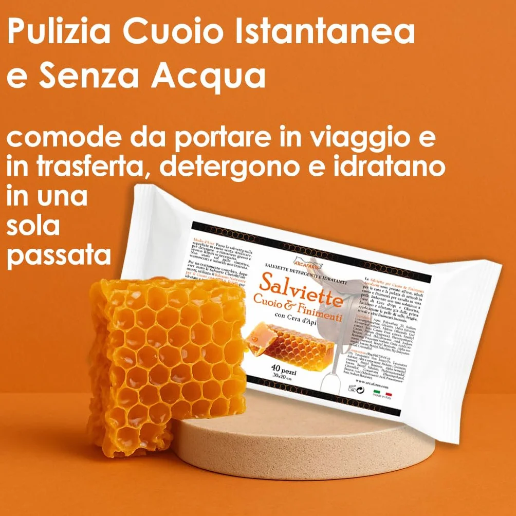 Salviette per Cuoio e Finimenti SAPOWIPE profumo Miele e Cera d'Api Arcafarm 40 Pezzi - Pulizia senza Acqua per pelle e cuoio, Selle, stivali e accessori Equitazione, azione idratante e nutriente