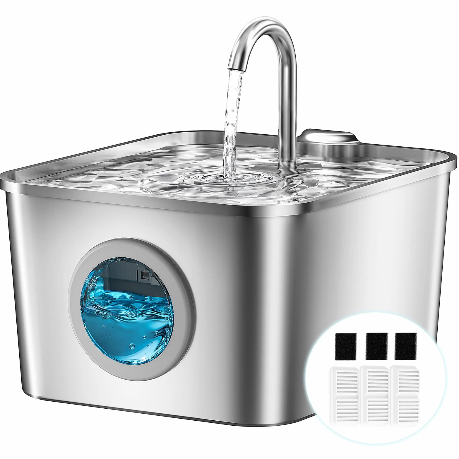 Fontanella per Gatti Acciaio Inox: 2,6L Fontana per Gatti, Ultra Silenzioso, Quadruplo Filtrazione, Cavo Automatico Fontanella Gatto con Rubinetto 3 Filtri e 3 Spugne LED, Facile da Pulire