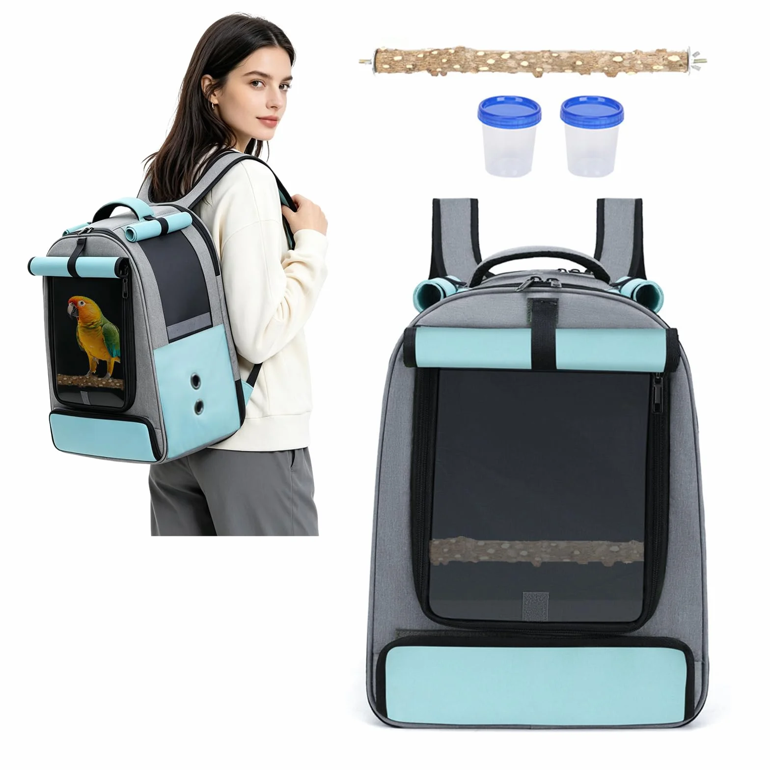 PETCUTE Zaino da Trasporto Uccelli,Borsa per Uccelli Pieghevole con Distributore di Cibo e Asta,Leggero,Borsa da Viaggio Portatile per Pappagalli,per Viaggi,Escursioni, Campeggio,Blu