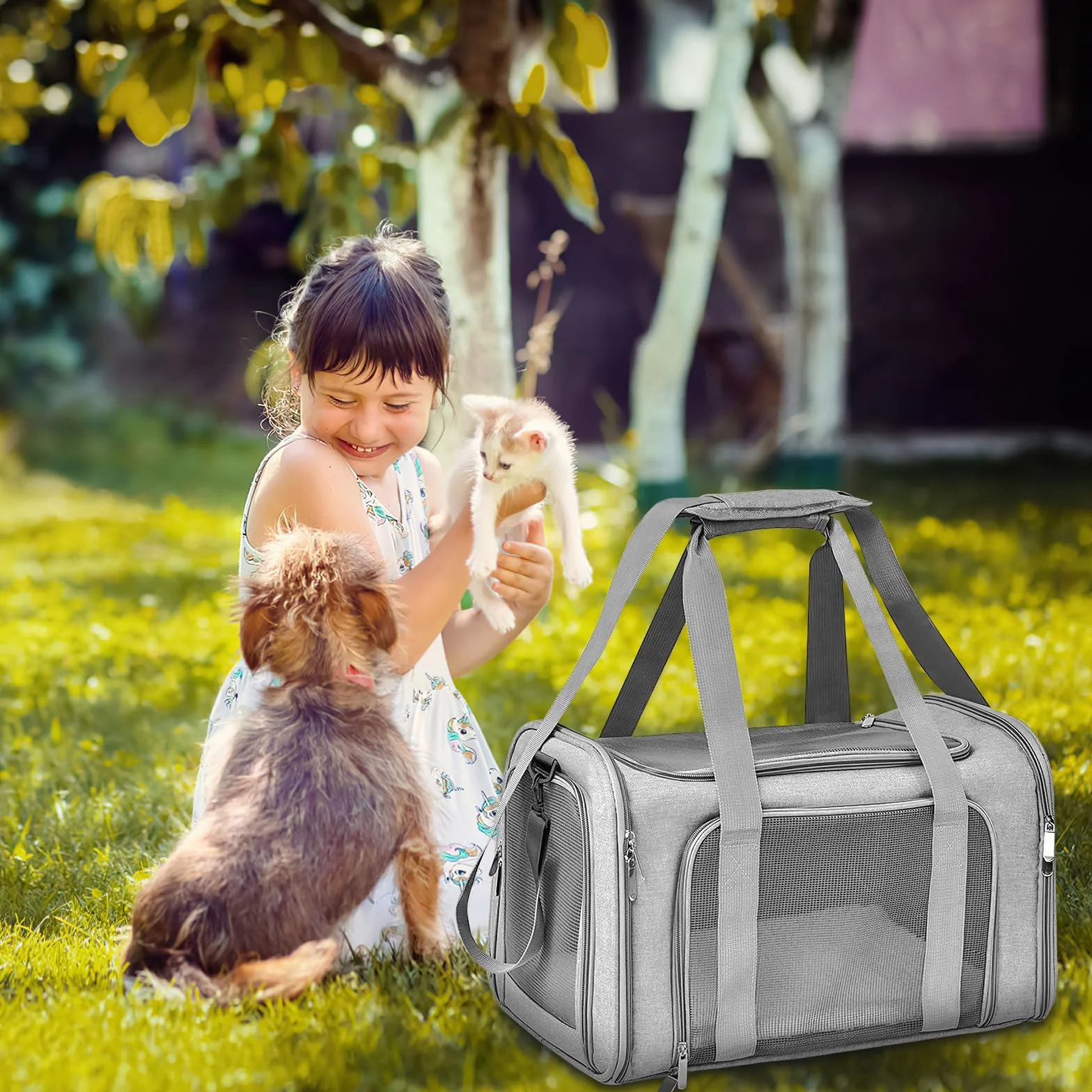 Borsa per il trasporto di gatti pieghevole traspirante 45x30x30 cm 7 kg grigio