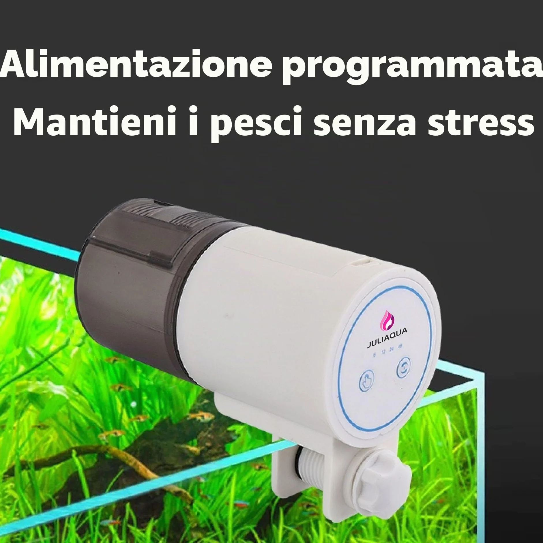 Distributore automatico di cibo per acquario, erogatore di cibo, mangiatoia automatica, erogatore di cibo per terrario. (4 modalità e manuale)