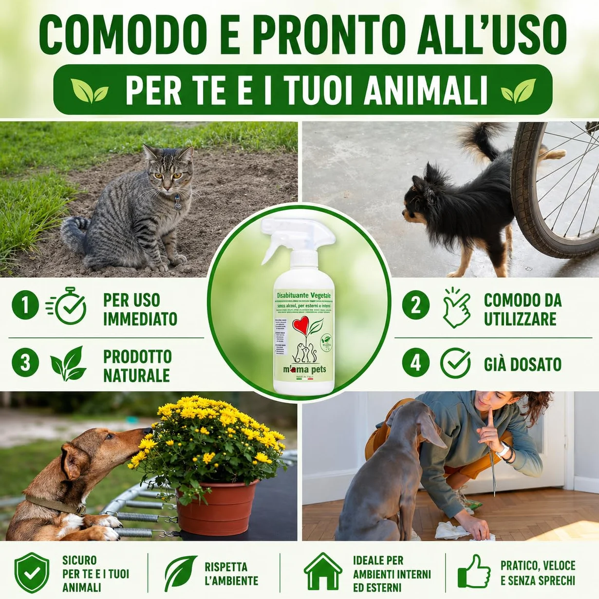 M' MA PETS Repellente Disabituante per Cani e Gatti 100% Naturale, Made in Italy - Spray Anti Urina Uso Interno ed Esterno – Formula Green a Base Vegetale Senza Alcool - 500ml