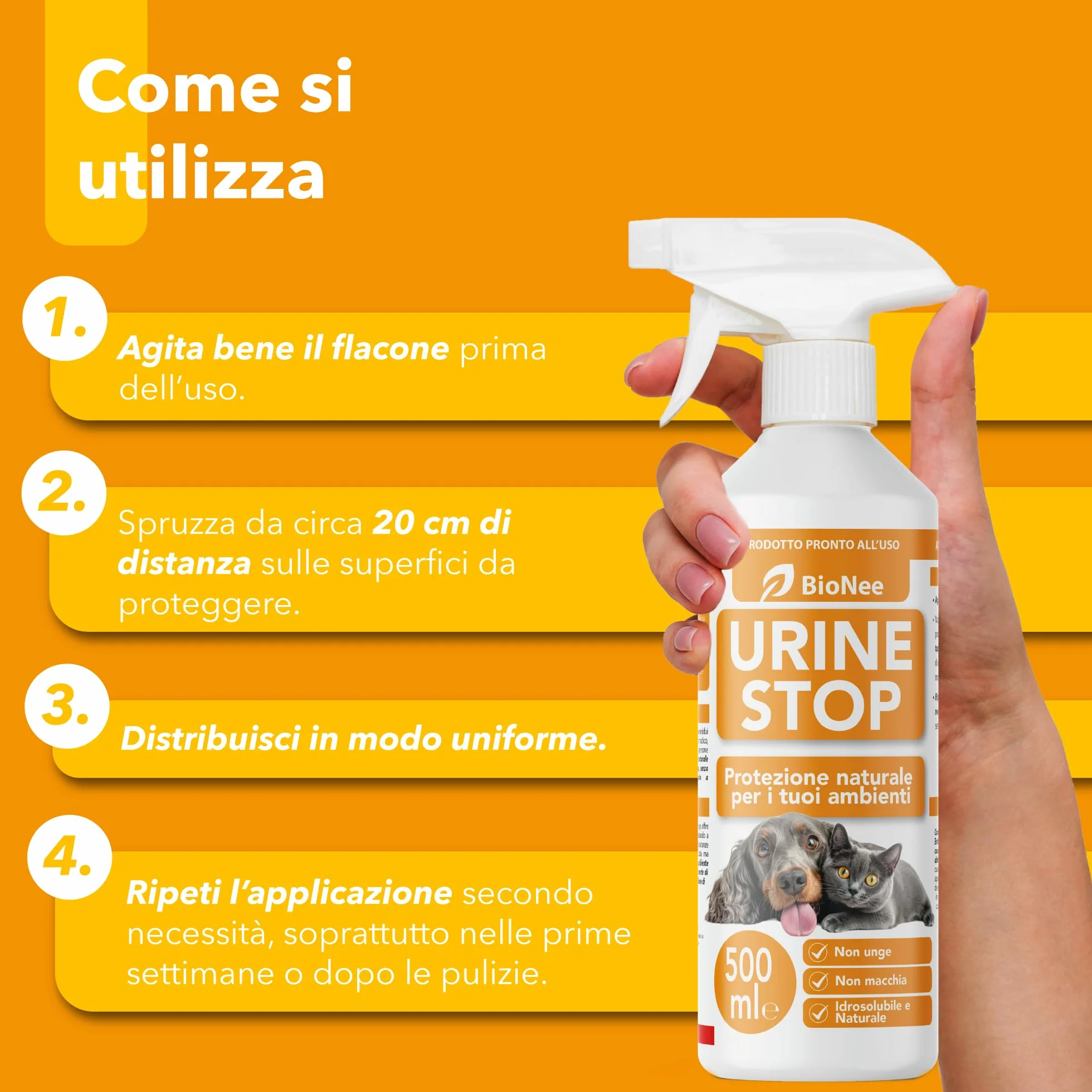 Bionee Urine Stop Spray Naturale per Cani e Gatti 500 ml – Doppia Azione: Disabituante agli Agrumi + Elimina Odori – Pronto all’Uso, Non Macchia, Sicuro per Ambienti Interni ed Esterni