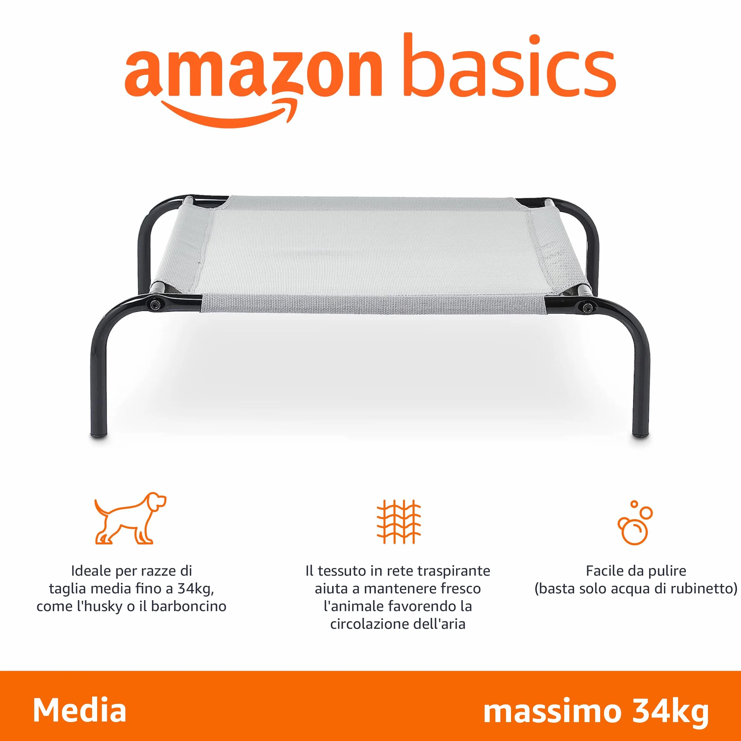 Amazon Basics per Cane Lettino rialzato rinfrescante Stoffa Grigio Misura M 110x65x19 cm