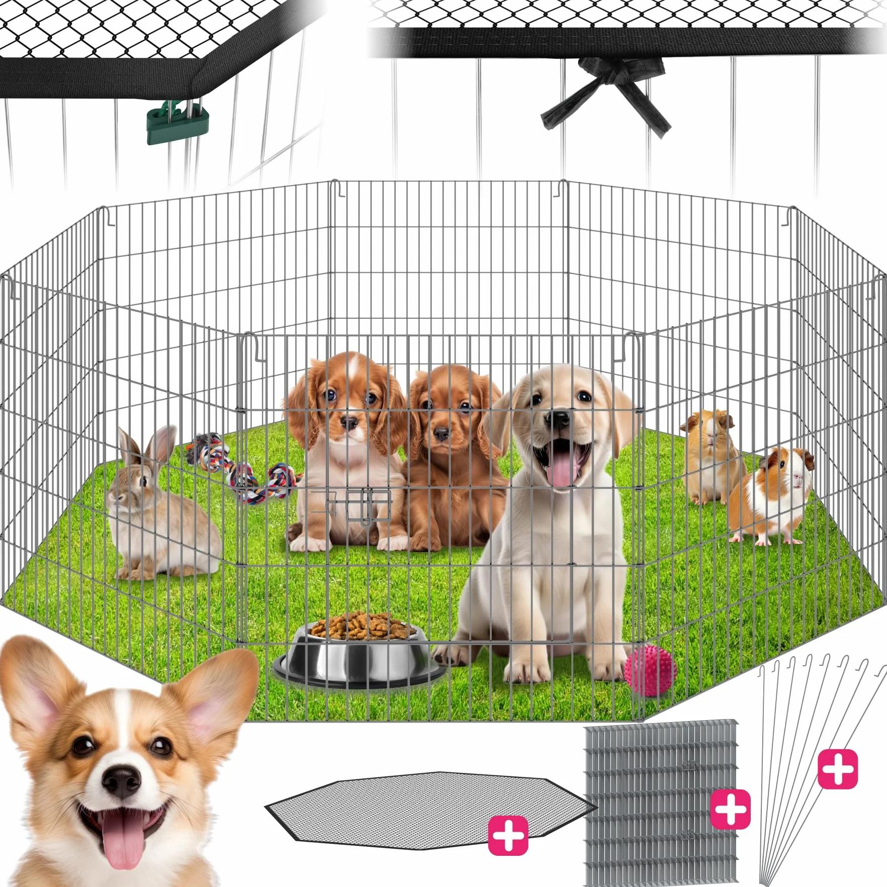 tectake® Recinto per Animali con Rete di Sicurezza, Grande Porta con Chiusura, Montaggio ad Incastro, Conservazione Salvaspazio, Protezione da Aperture Accidentali e Intrusi - Ø 145cm, Nero