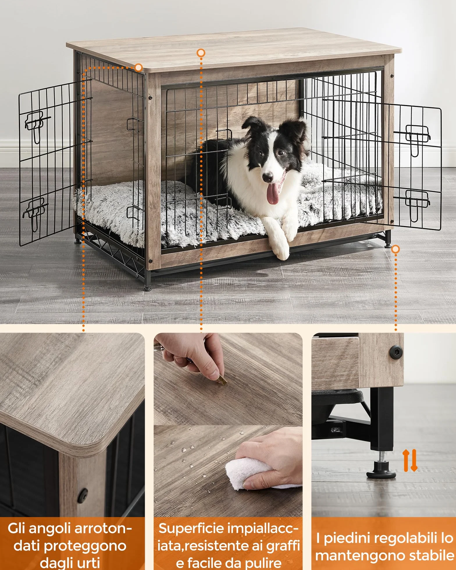 Feandrea Gabbia per Cani 32 kg Mobile Tavolino Cuccia Moderna 2 Porte Greige PFC003G01