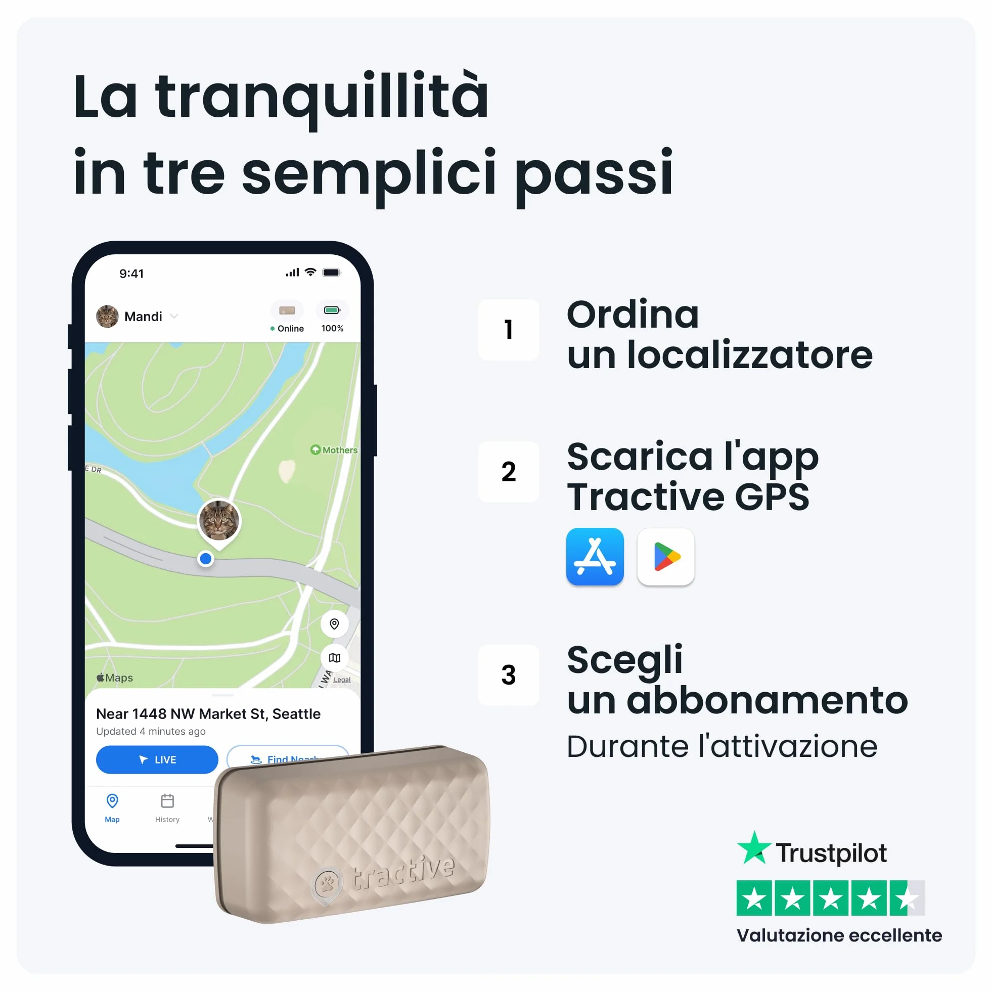Tractive - GPS gatto modello Mini | N. 1 sul mercato | Localizzazione in tempo reale | Cronologia delle posizioni | Monitoraggio dell'attività | Collare incluso