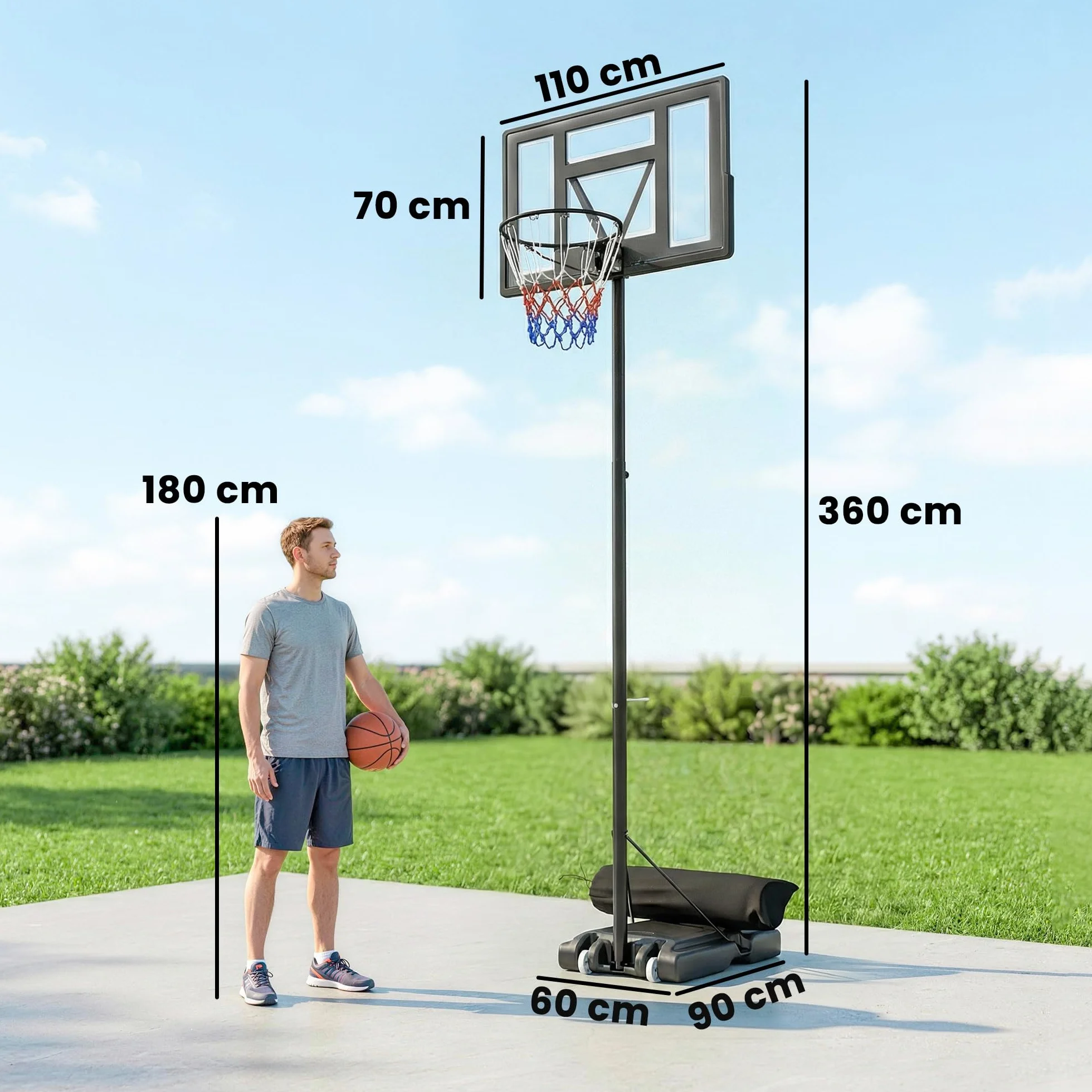 SPORTNOW Canestro Basket Esterno Regolabile in Altezza 135-305 cm, con Ruote, Base Riempibile, Tabellone Infrangibile, Nero