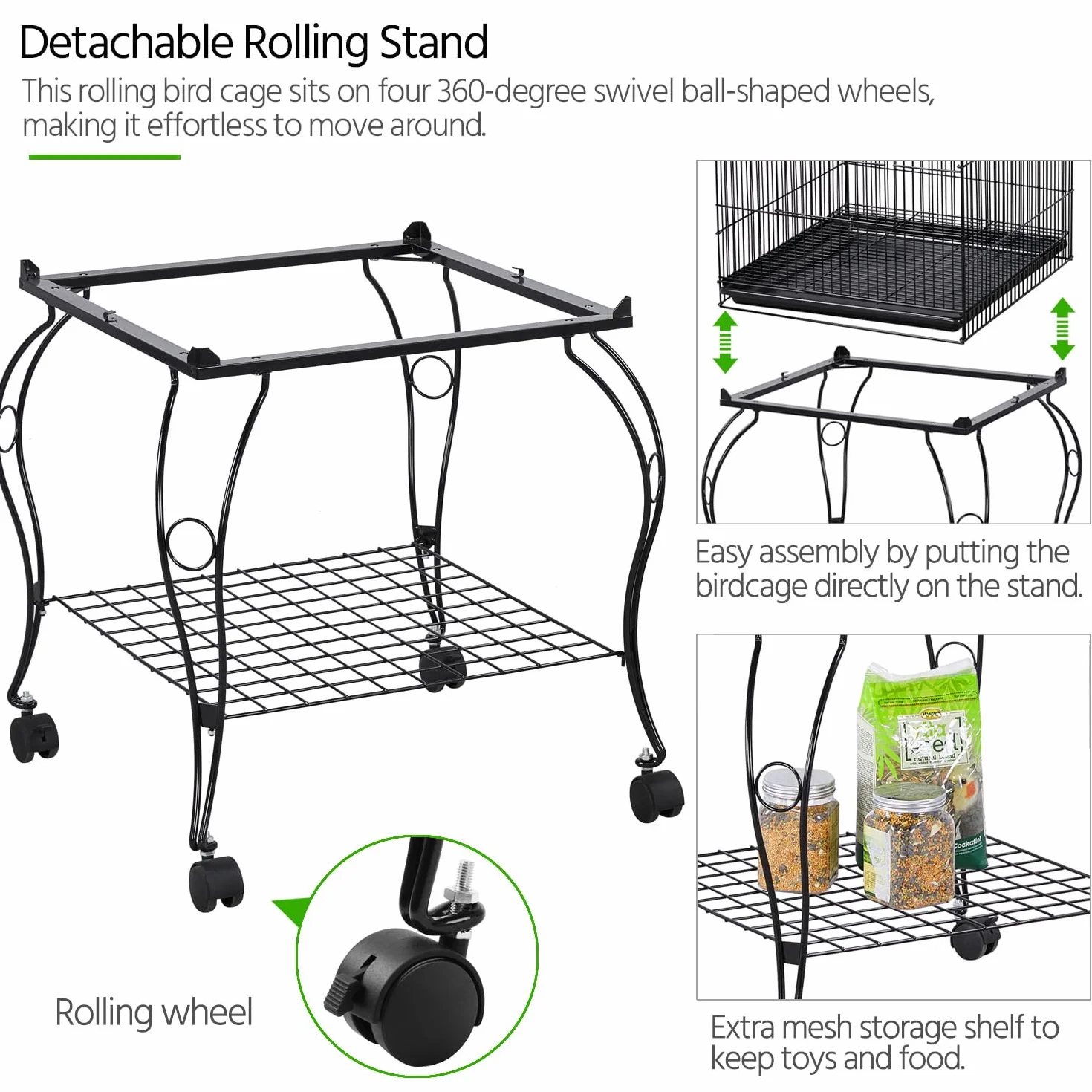 Yaheetech Gabbia Voliera per Uccelli Pappagalli con Carrello e Tetto Apribile in Metallo e Legno Nero 59 x 59 x 150 cm