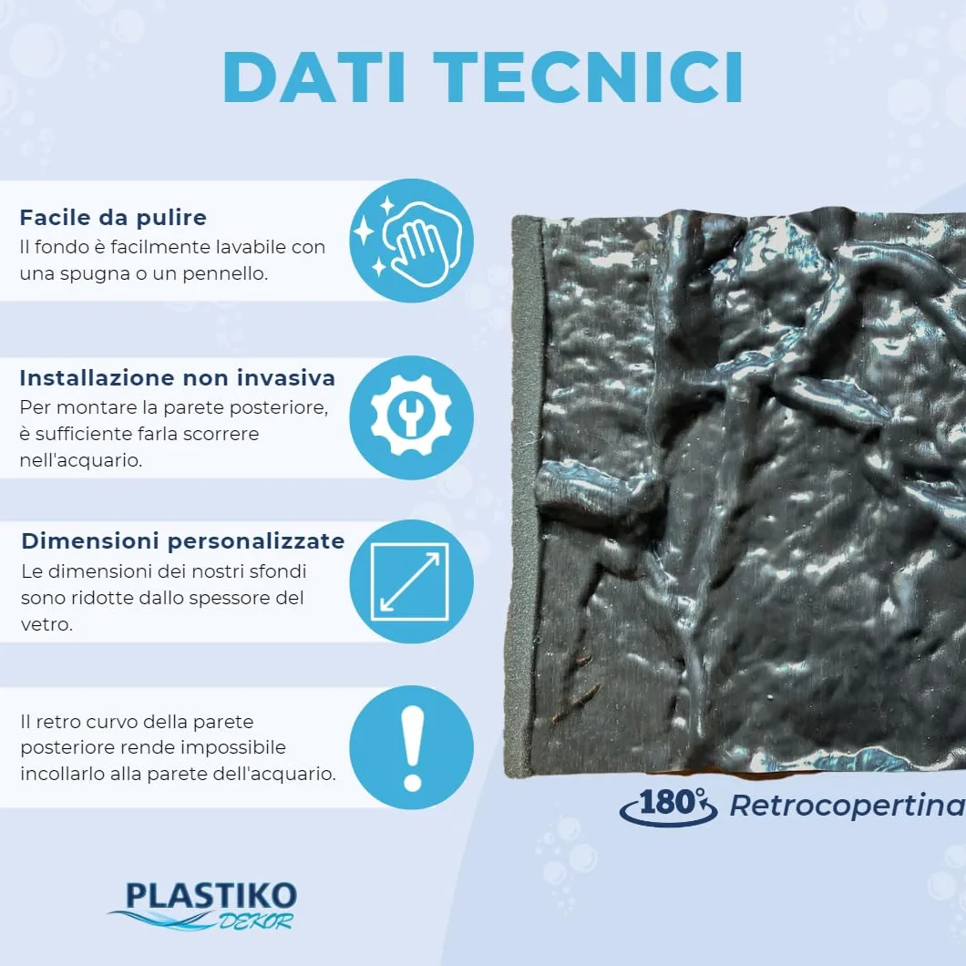 PLASTIKO - Acquario Sfondo 3D I 60x30 cm I Facile da Montare e Pulire I Non Richiede Colla I Sicuro per Gli Animali I Grigio con Un Modello di Pietre Basse