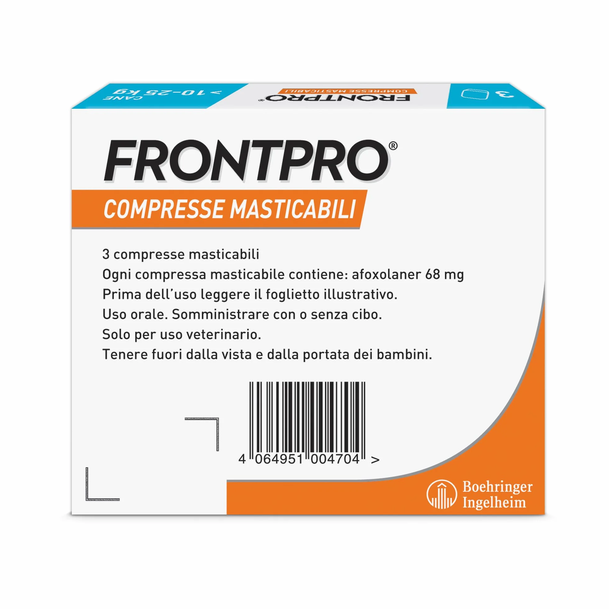 FRONTPRO 3 Compresse Masticabili Antiparassitario per Cani 10-25 kg Afoxolaner 68 mg Antipulci Zecche