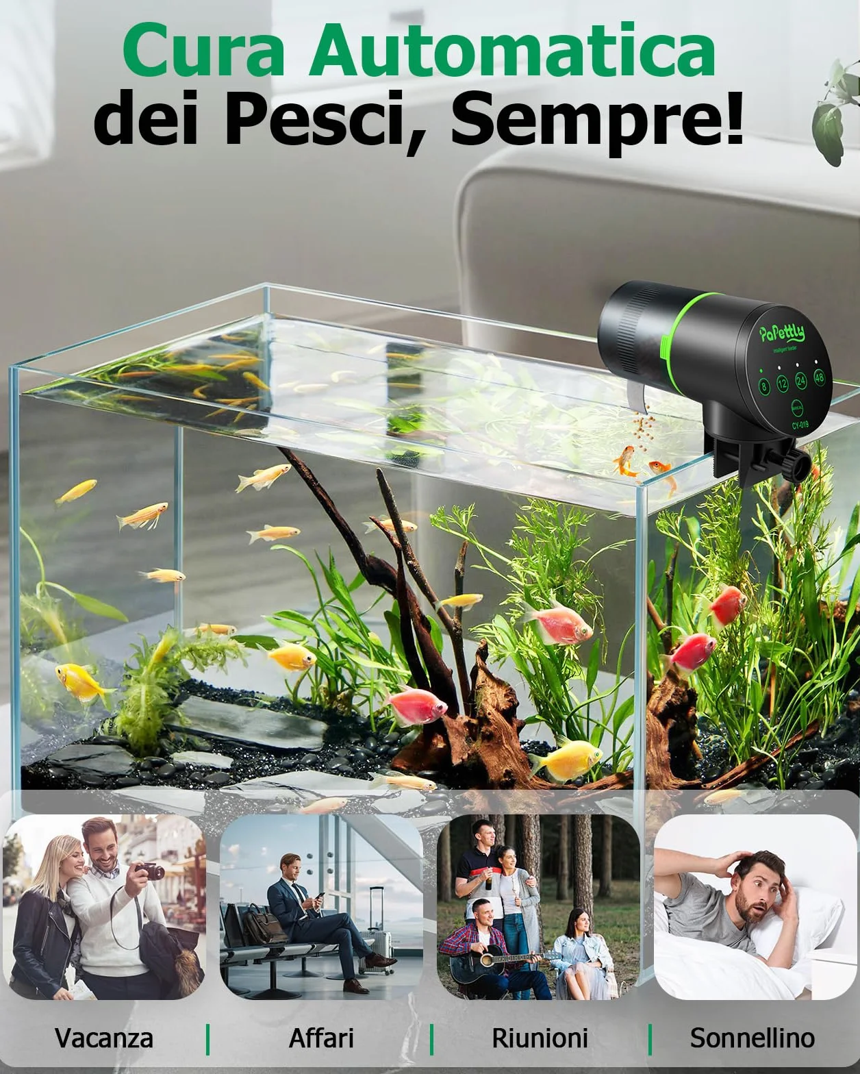 Papettly Mangiatoia Automatica Acquario 200ML con Timer per Pesci Tartarughe, 2 Batterie AAA