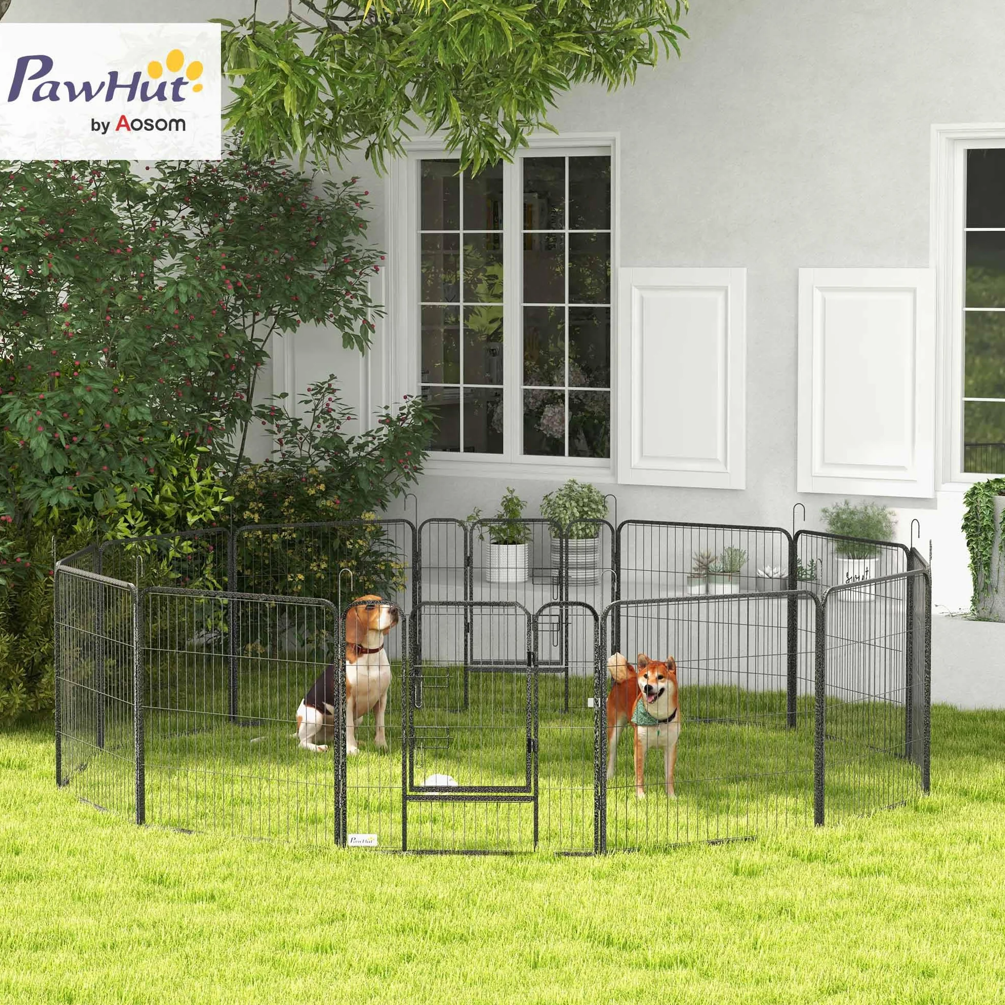 PawHut Recinto per Cani 12 Pannelli Modulabili 80x1.5x80 cm Box Pieghevole con Porta in Acciaio Grigio
