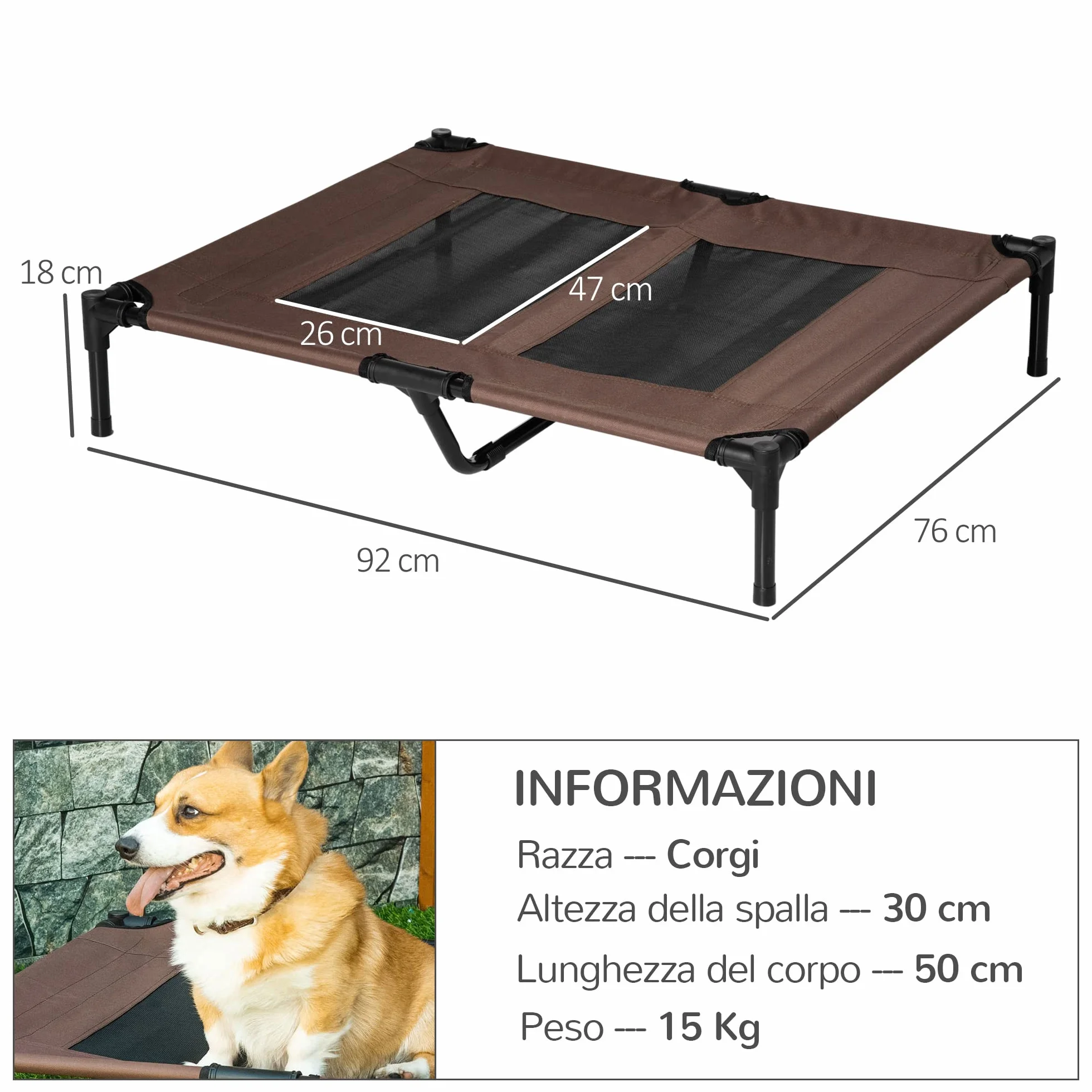 PawHut Brandina per Cani in Metallo e Tessuto Oxford Traspirante 92x76x18 cm Marrone e Nero