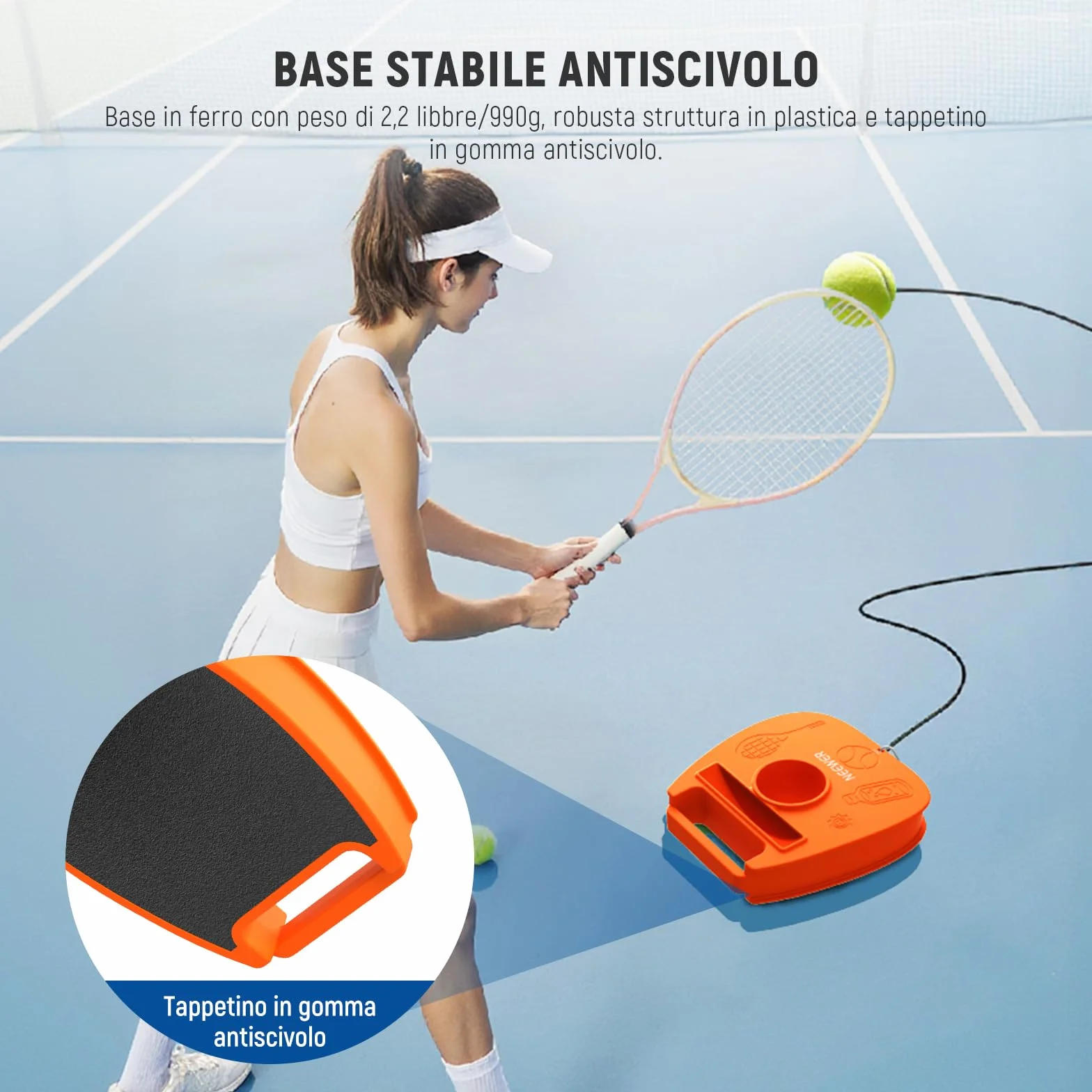 NEEWER Set di Palline da Tennis Portatili con Base in Ferro Antiscivolo, Supporto per Racchetta, 3 Palline con Corda Elastica, Rimbalzatore Allenamento Individuale per Adulti TB01Z