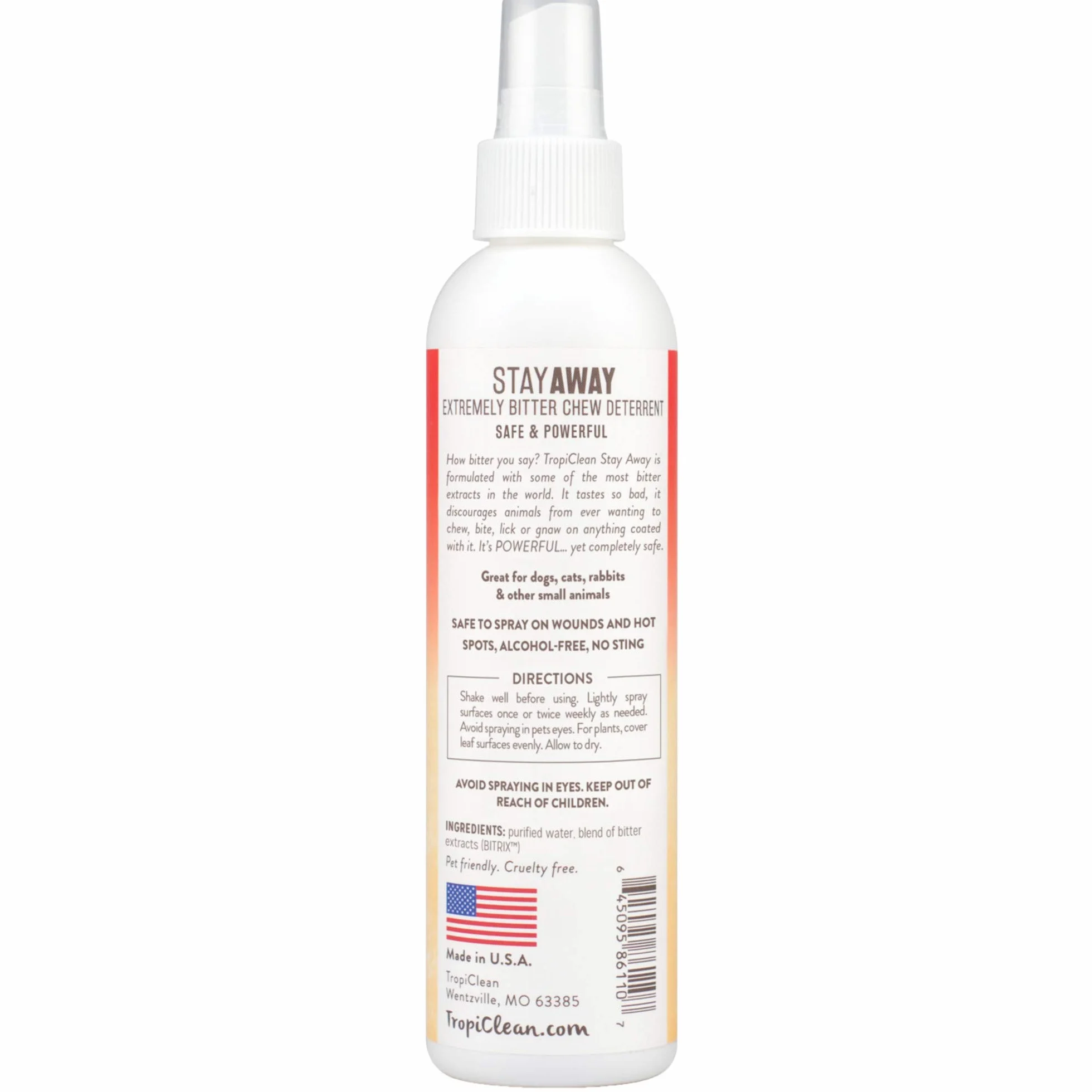 TropiClean Stay Away Spray Repellente e Disabituante per Animali Domestici - Senza Alcool - Sicuro su Ferite, Mobili, Piante - Estremamente Amaro, 236 ml