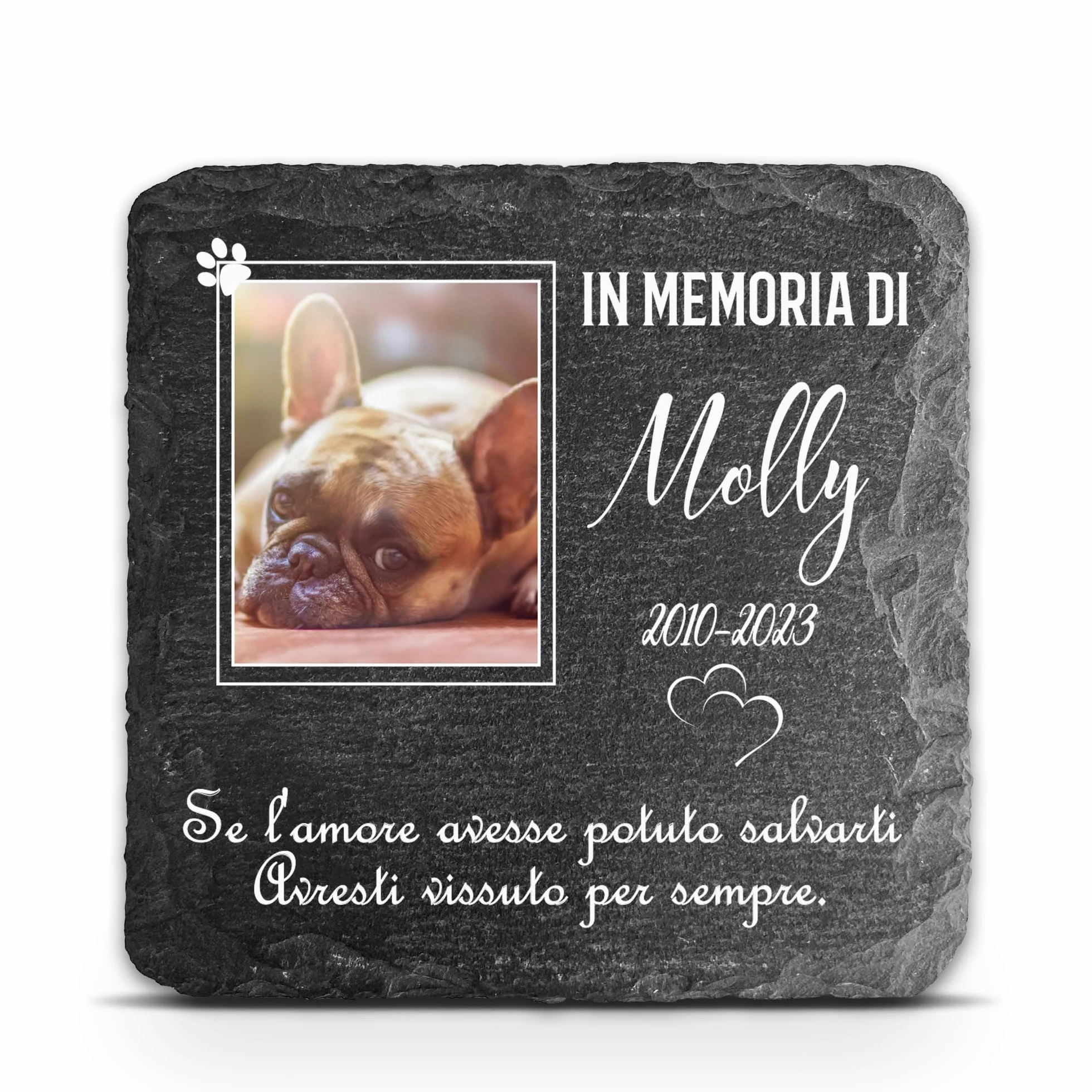 Targa commemorativa Personalizzata Grigio Scuro per Animale Domestico marcatore tombale in Pietra d'ardesia - Dimensioni 10x10 cm - Cornice Bianca Foto