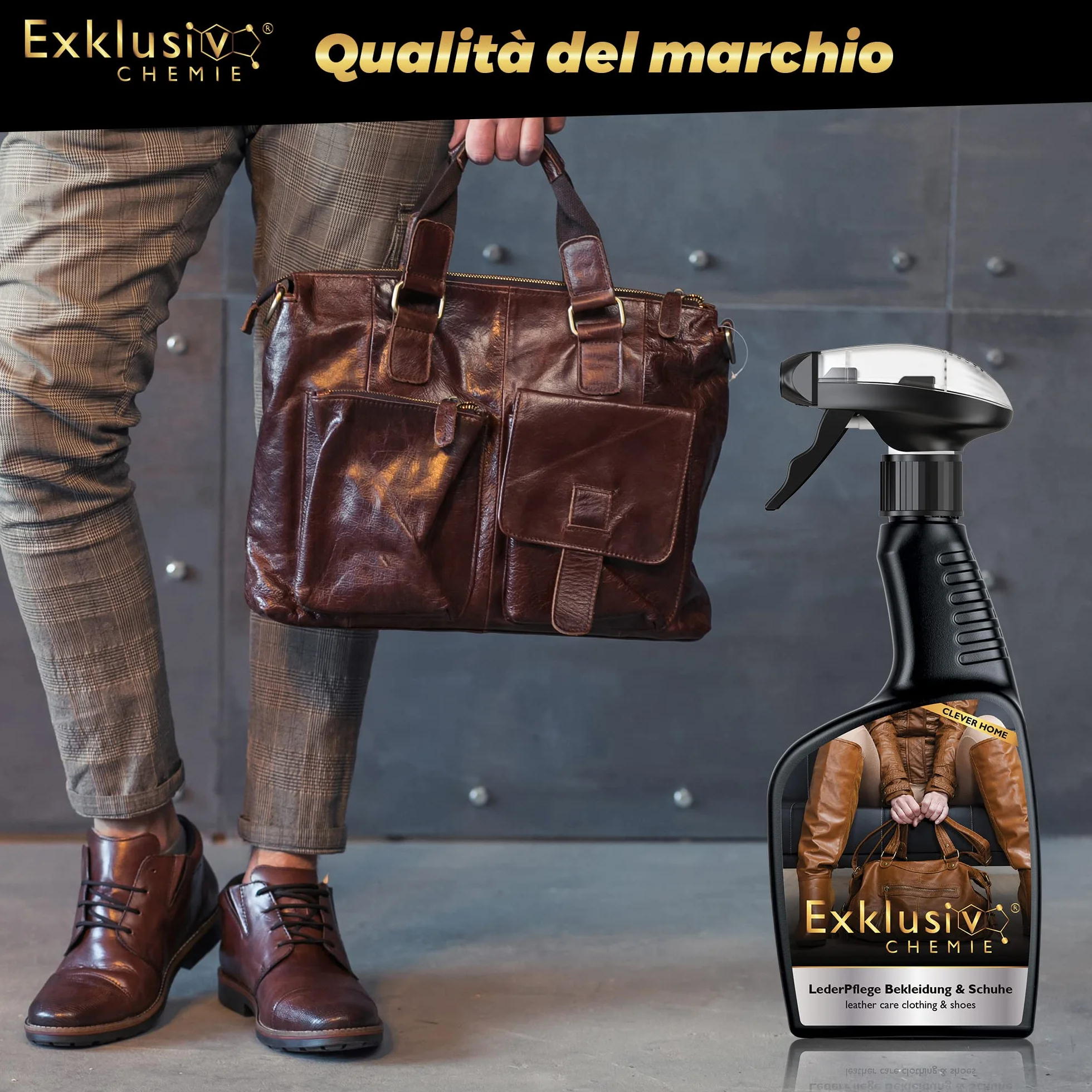 Exklusiv Chemie® Cura della pelle Cura della pelle Abbigliamento e scarpe | Cura della pelle per vestiti e scarpe di pelle | Spray per la cura della pelle | Pulitore per pelle | 500 ml | Per giacche in pelle, scarpe in pelle e borse in pelle