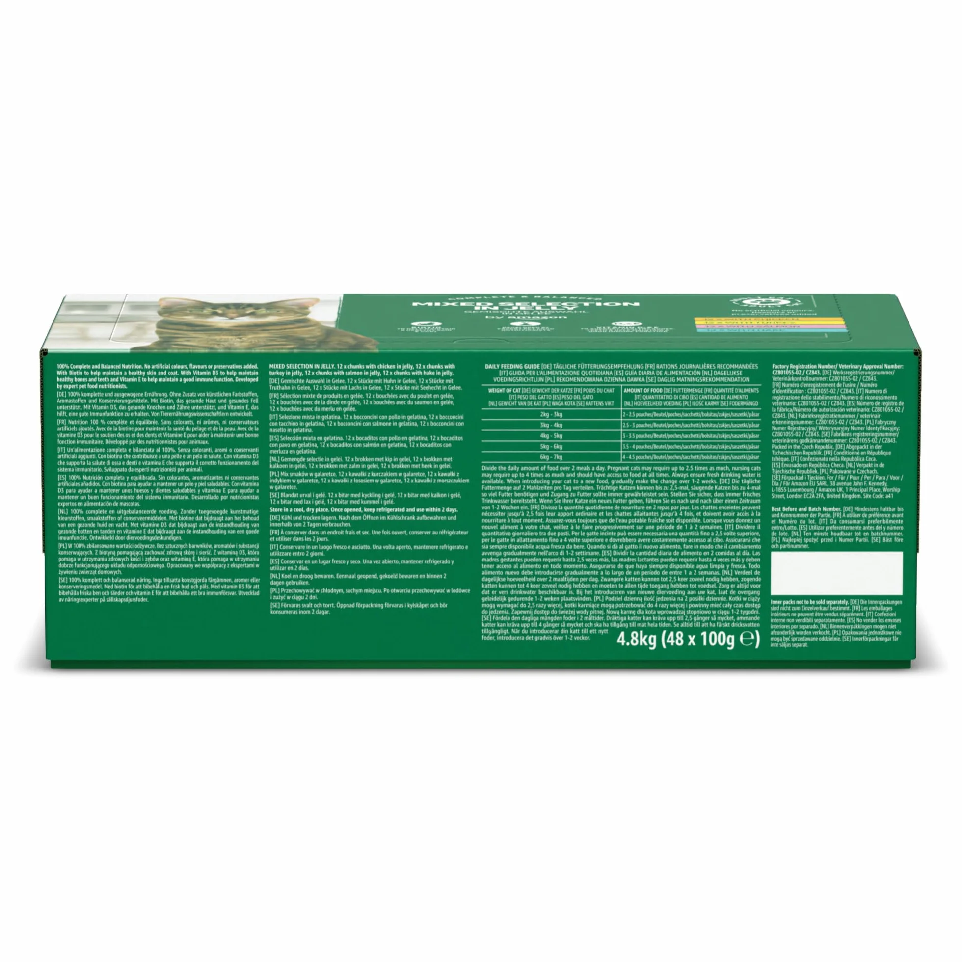 Amazon Alimento completo senza cereali per gatti adulti, selezione mista in gelatina, 4,8 kg (48x100 g)